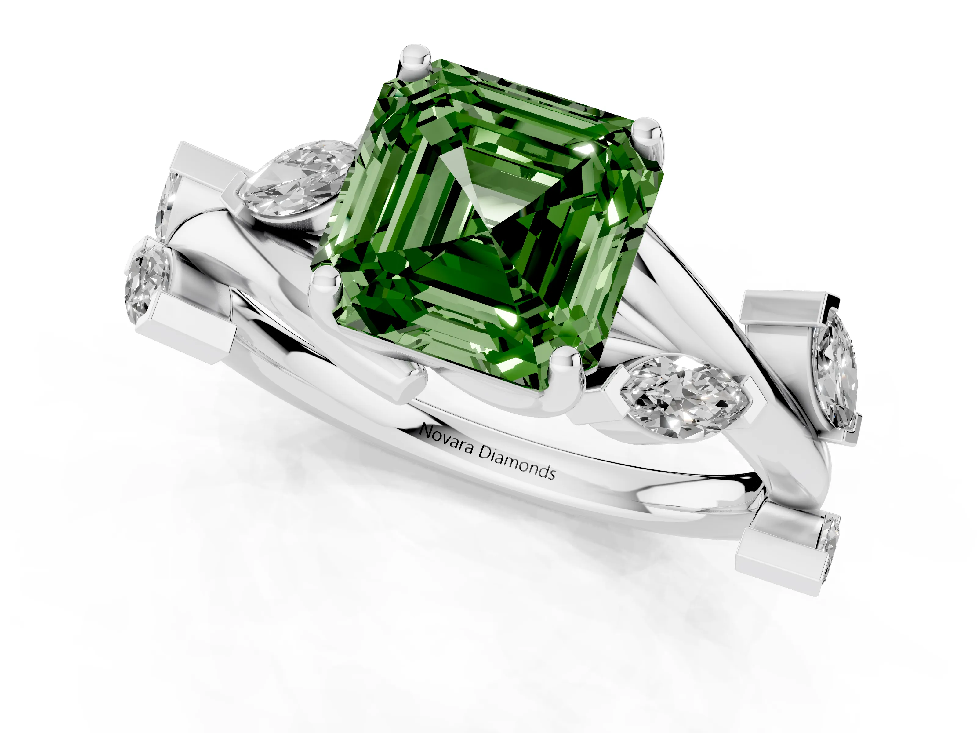 Fancy Green Asscher Cut Diamond Solitaire Ring Set in White gold with Twisted Marquise Accent Band