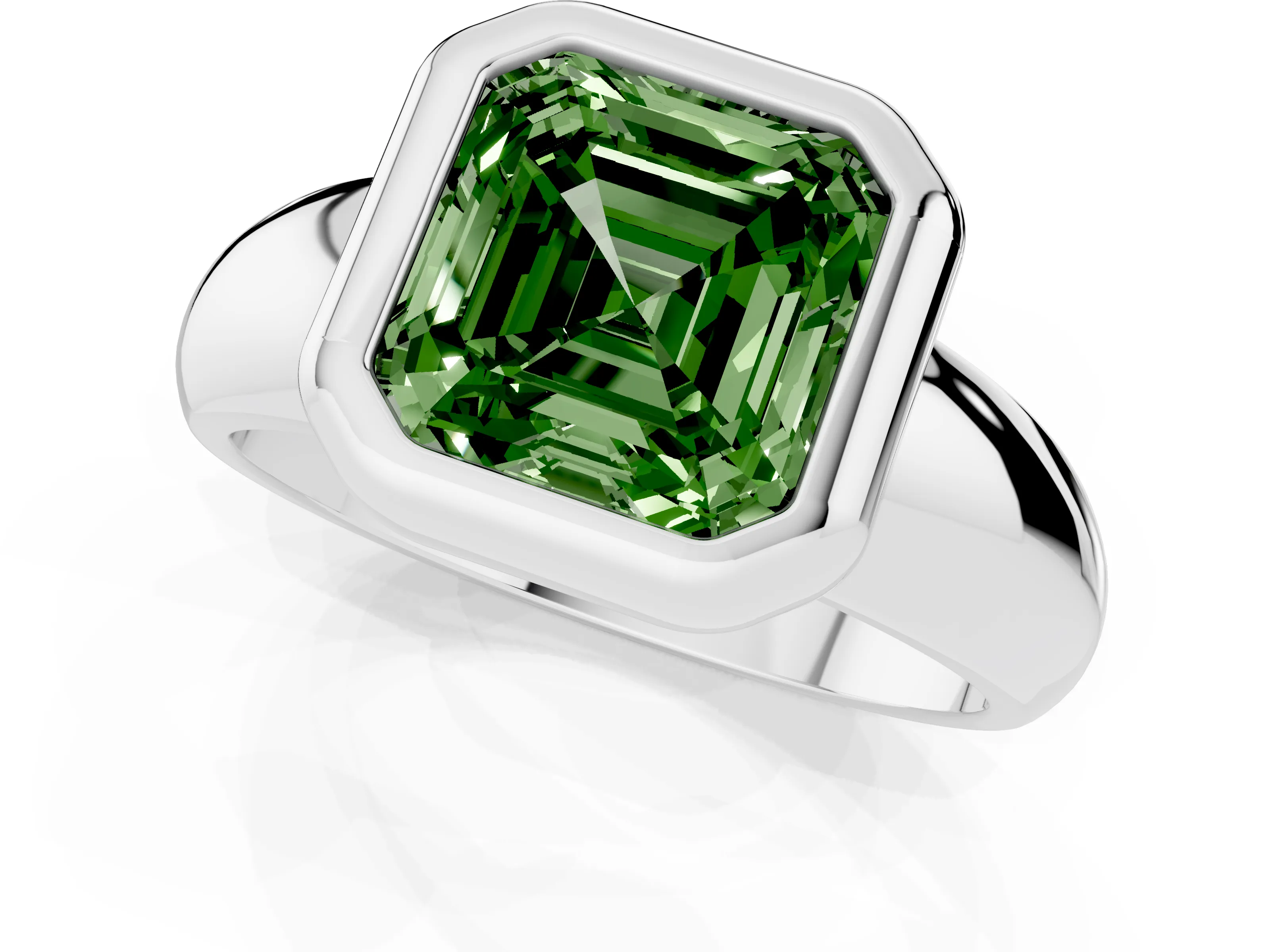 Fancy Green Bezel Set Asscher Cut Diamond Solitaire Ring Set in Silver with Wide Band