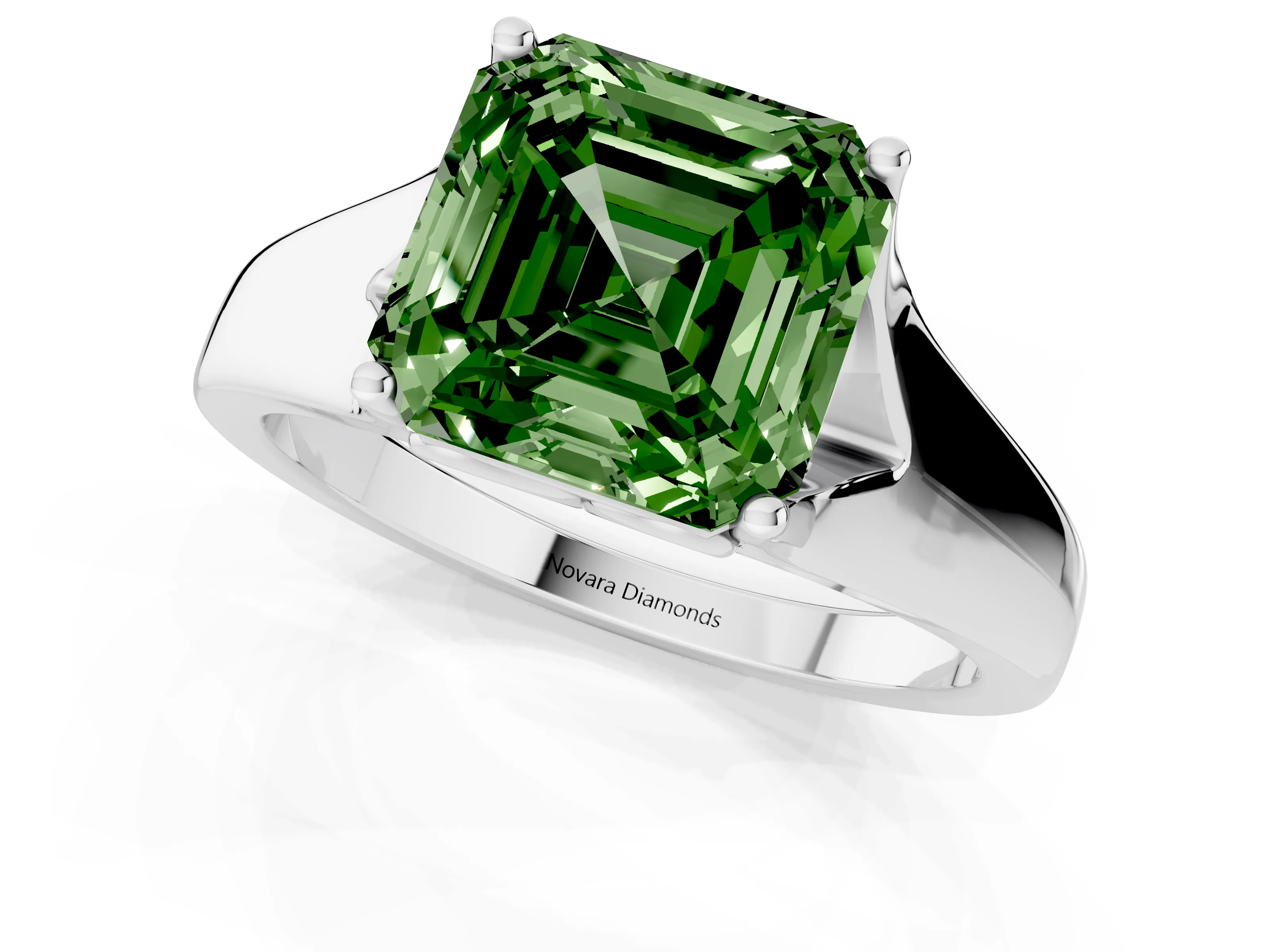 Fancy Green Asscher Cut Diamond Solitaire Ring Set in Platinum with Arched Cathedral Band and Prong Setting
