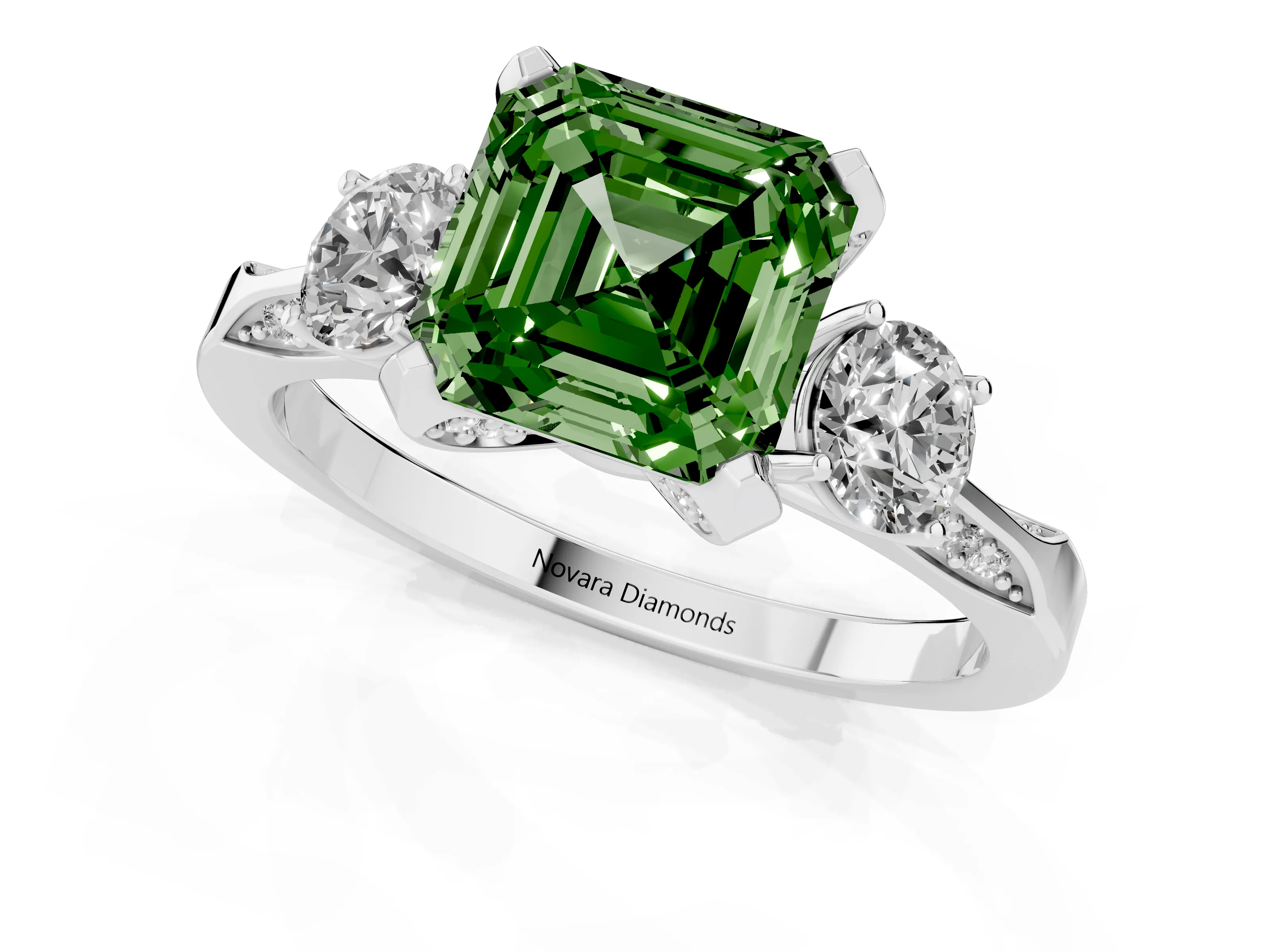 Fancy Green Asscher Cut Diamond Three-Stone Ring Set in Silver with Pavé Band and Smaller Side Stones