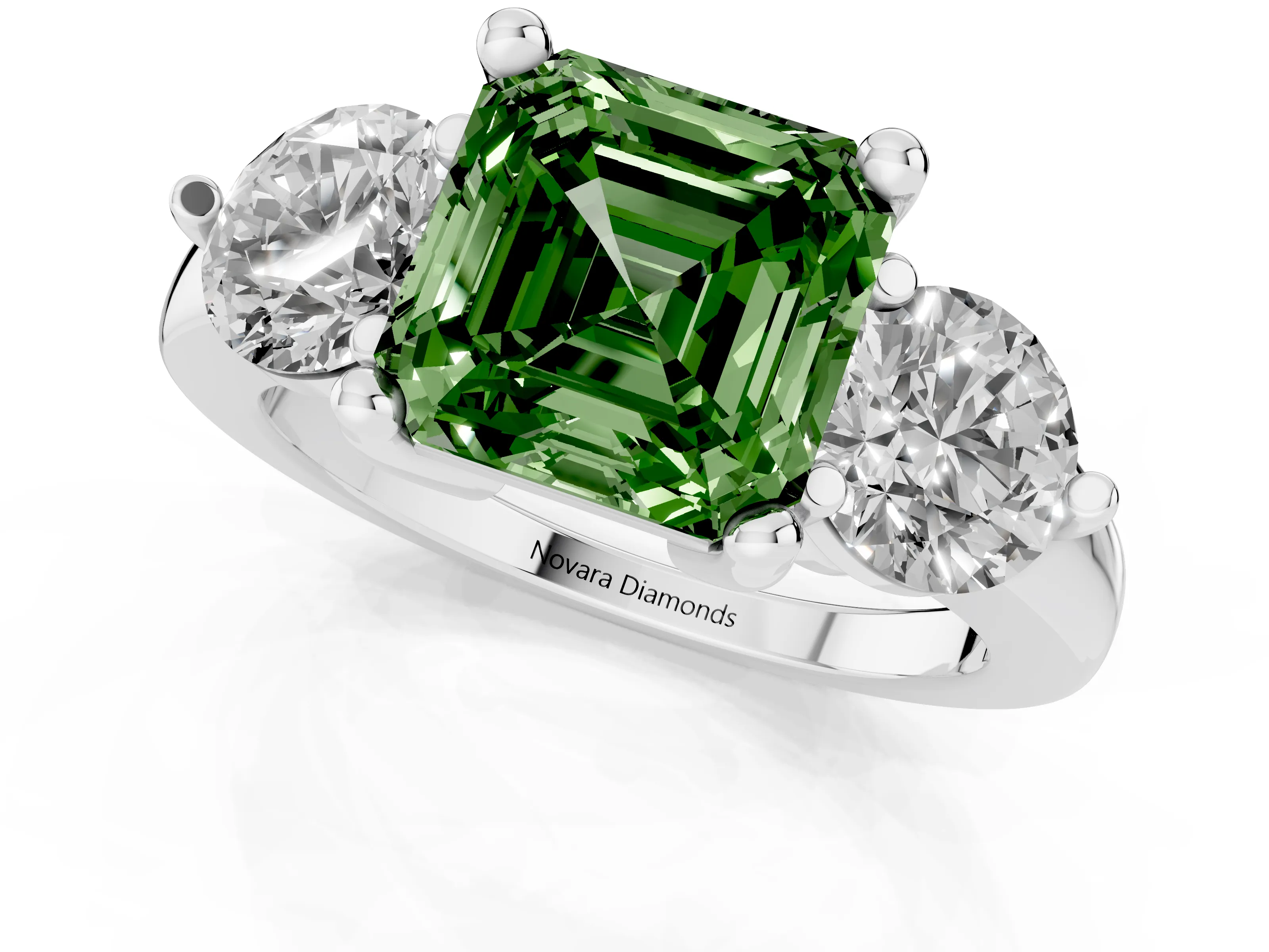 Fancy Green Asscher Cut Diamond Three-Stone Ring Set in White gold with Prong Setting and Classic Band