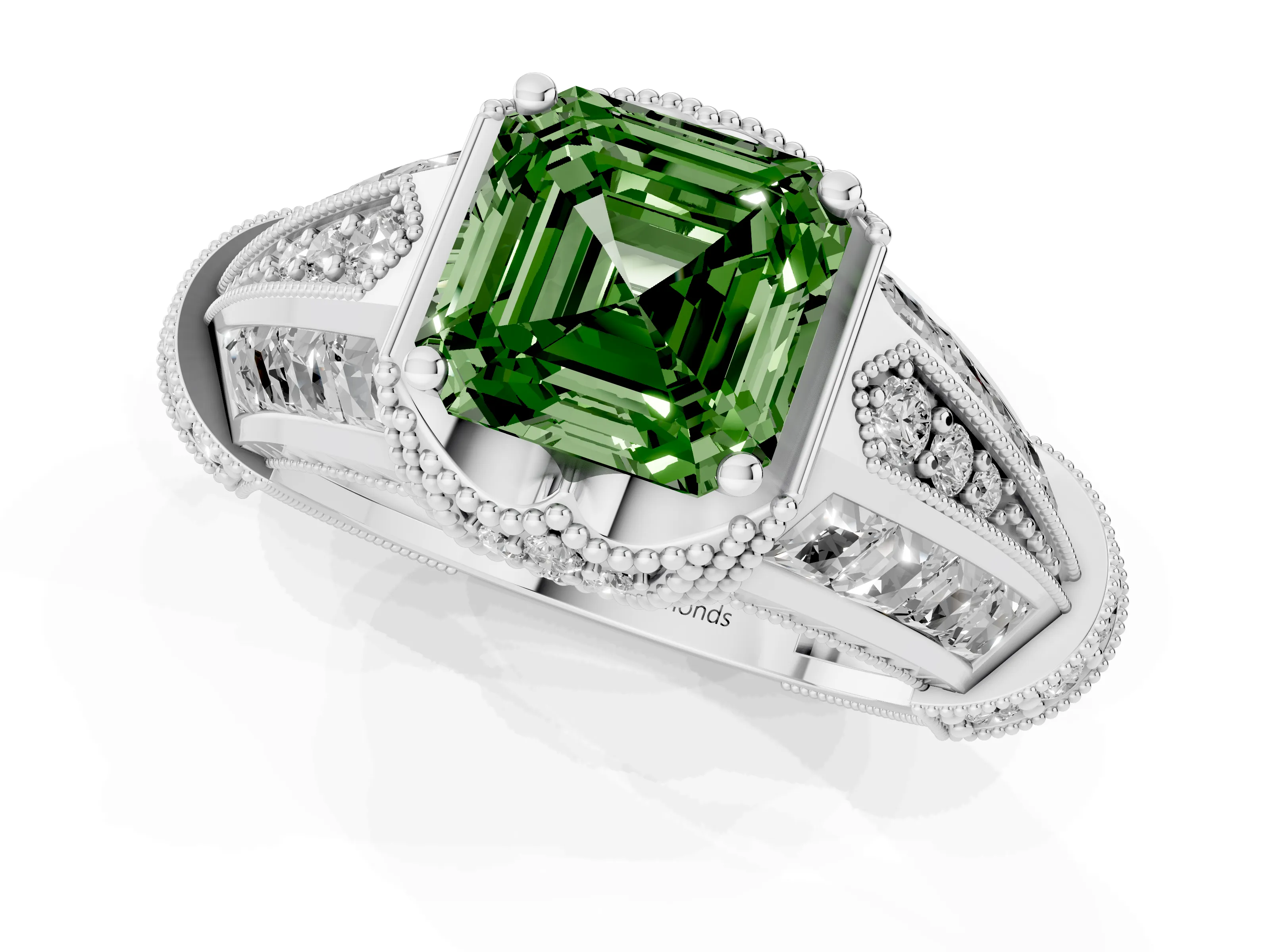 Fancy Green Asscher Cut Diamond Vintage-Inspired Milgrain Ring Set in Platinum with Accent Split Shank