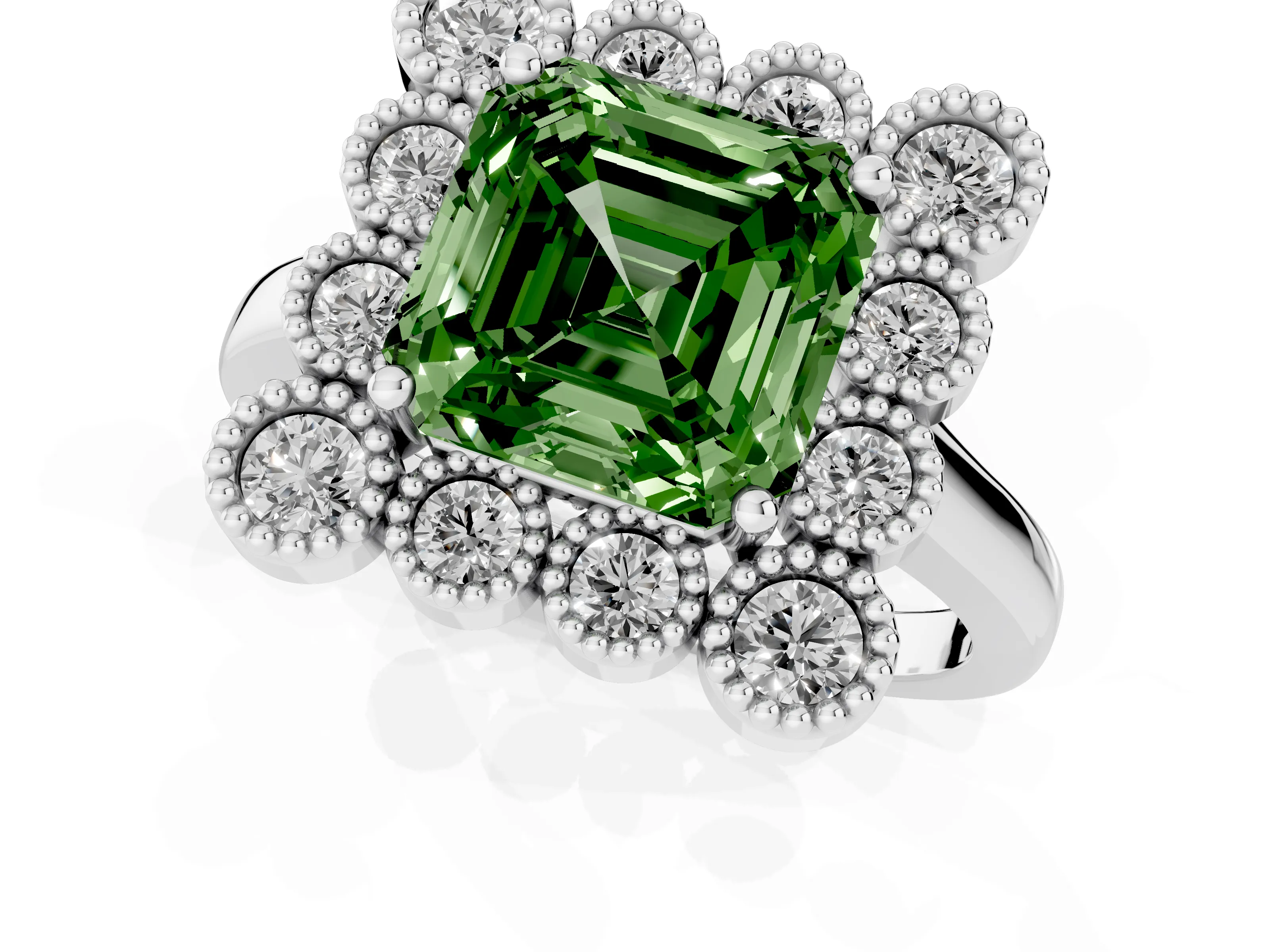 Fancy Green Asscher Cut Diamond Cluster Halo Ring Set in White gold with Milgrain Bezel Accents and Plain Band