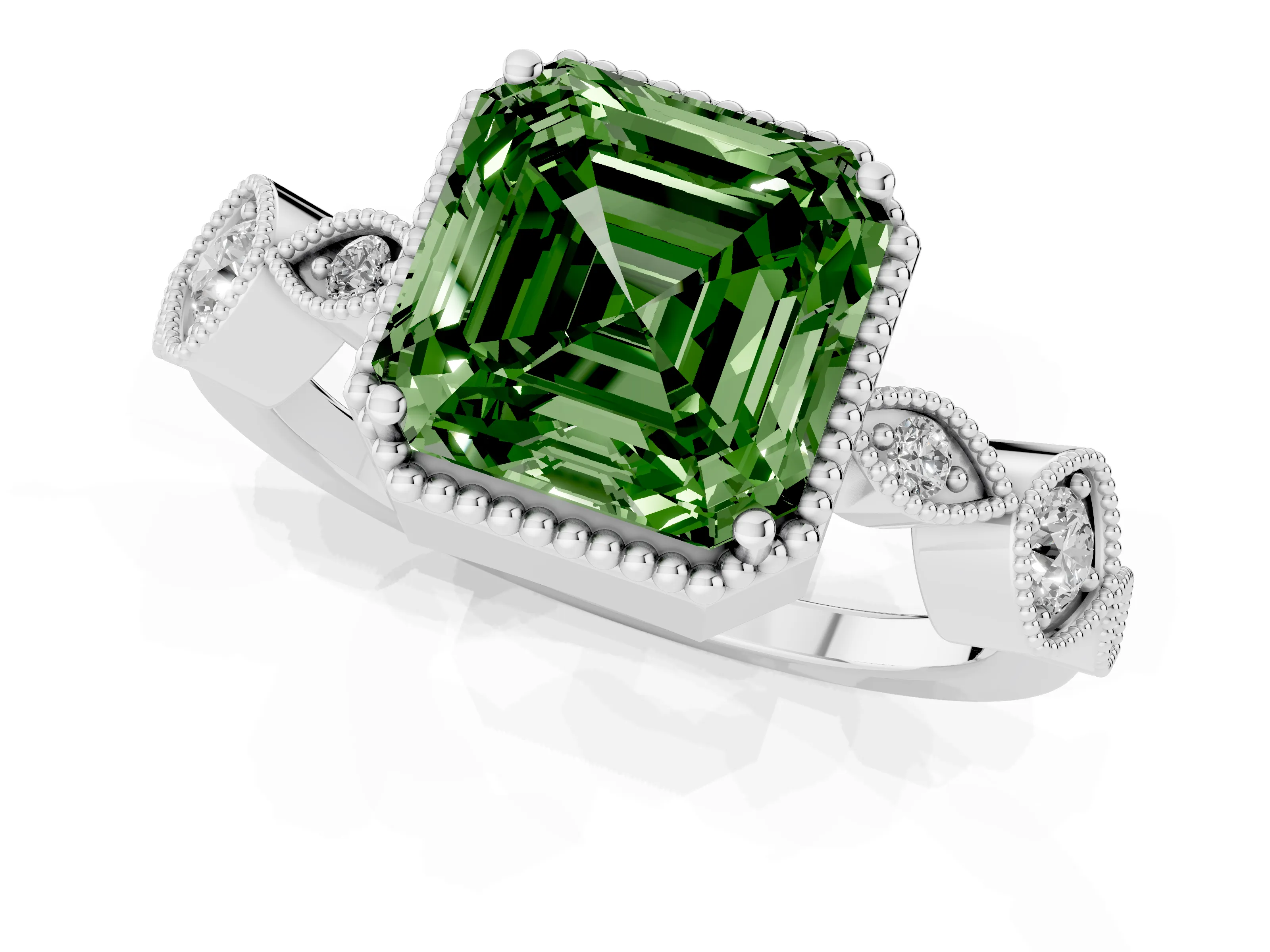 Fancy Green Asscher Cut Diamond Vintage-Inspired Milgrain Ring Set in White gold with Marquise Stations of Round Accents
