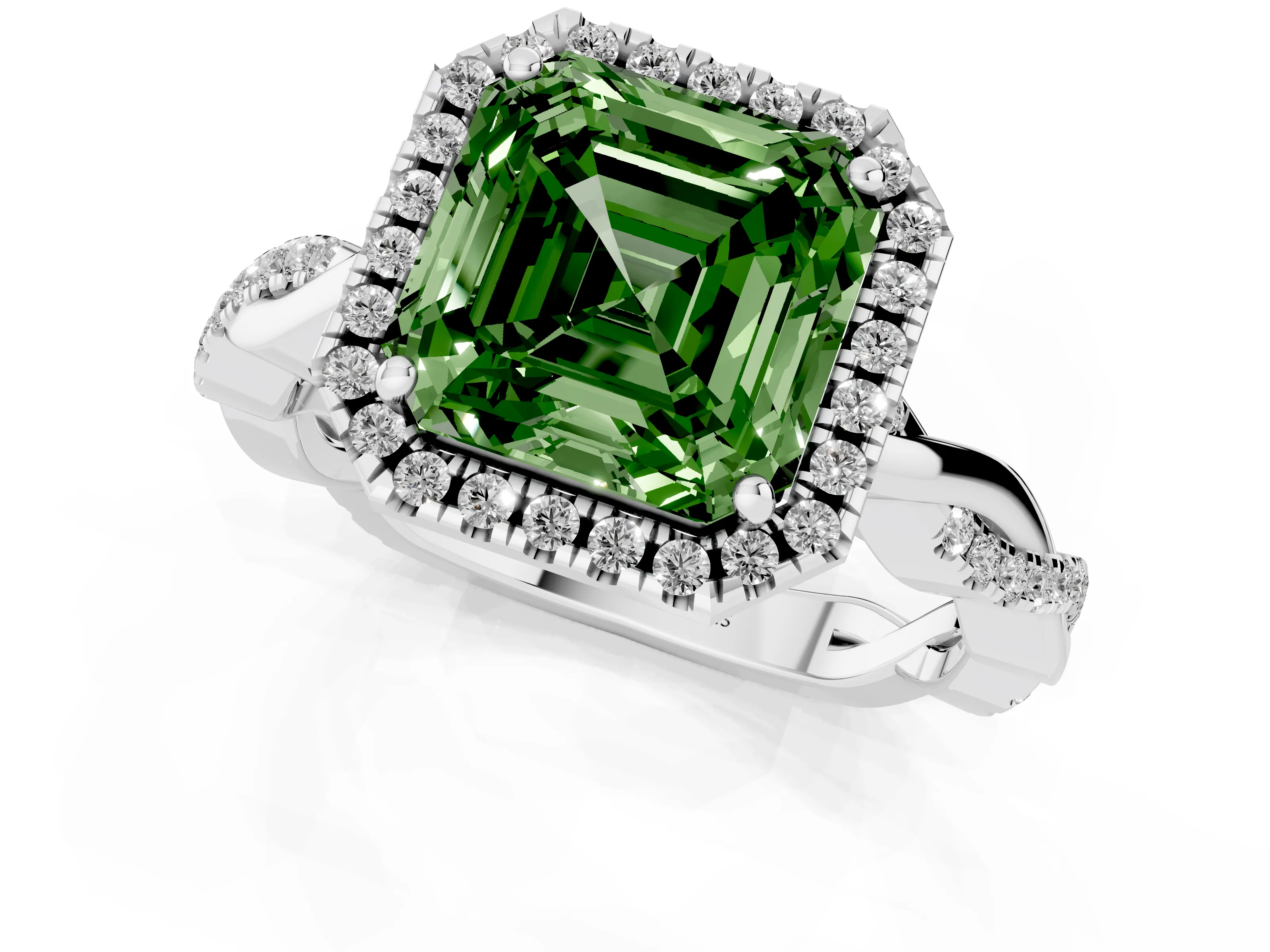Fancy Green Asscher Cut Diamond Halo Twisted Band Ring Set in White gold with Prong Setting