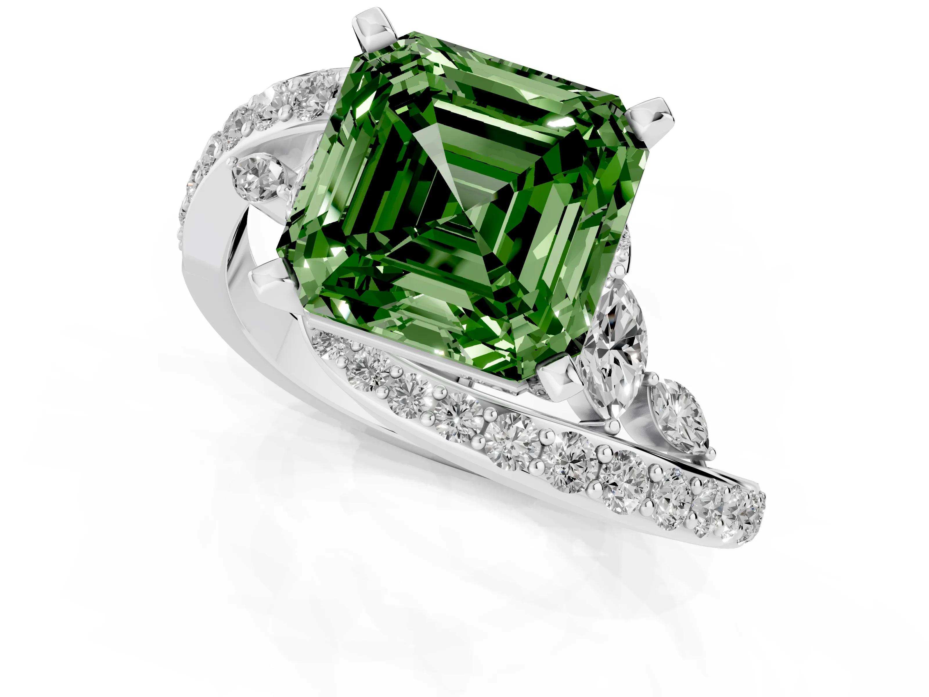 Fancy Green Asscher Cut Diamond Solitaire Ring Set in White gold with Pavé Twist Band and Secure Prong Setting