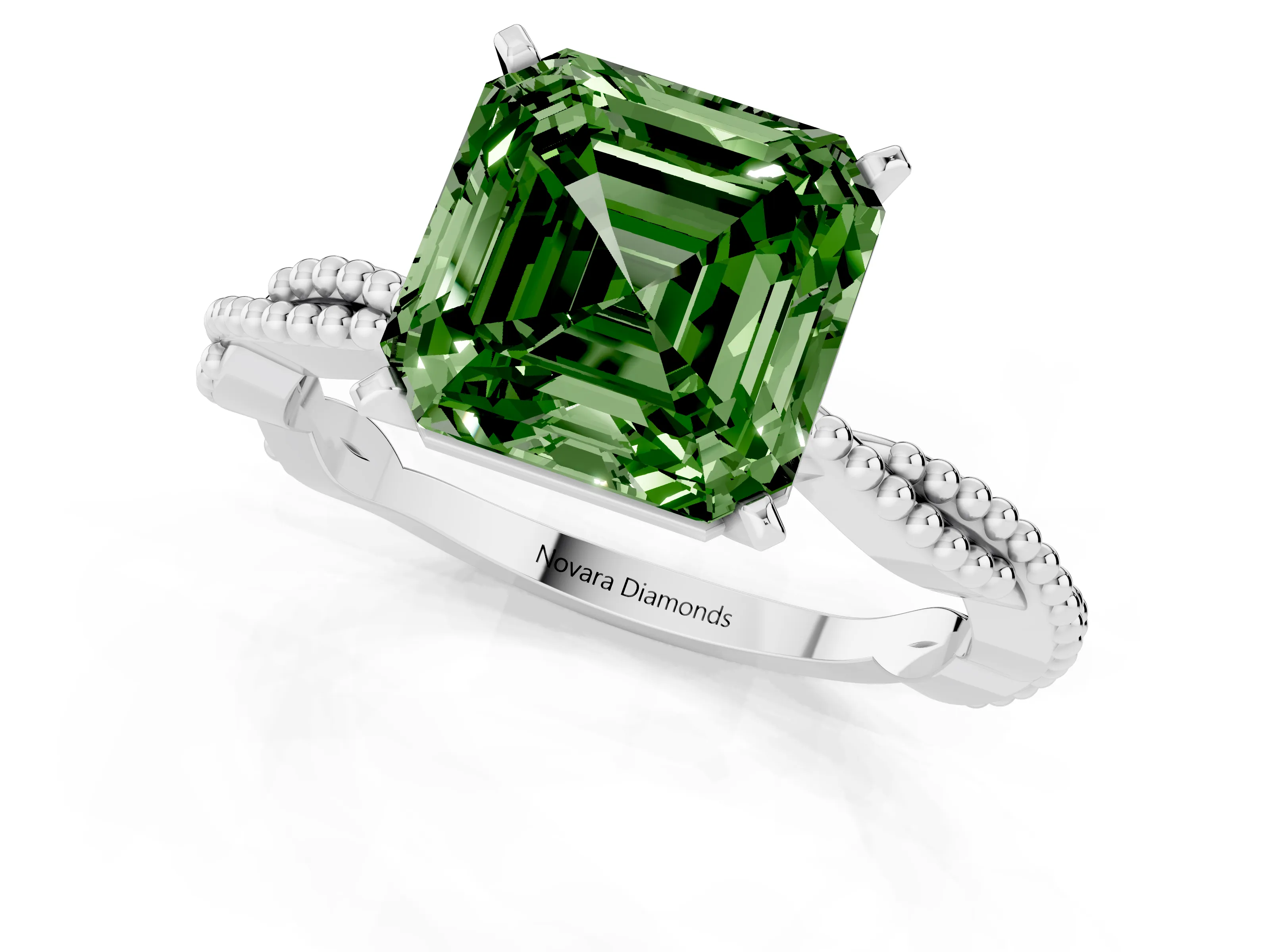Fancy Green Asscher Cut Diamond Solitaire Ring Set in Platinum with Twisted Band and Bead Prong Setting