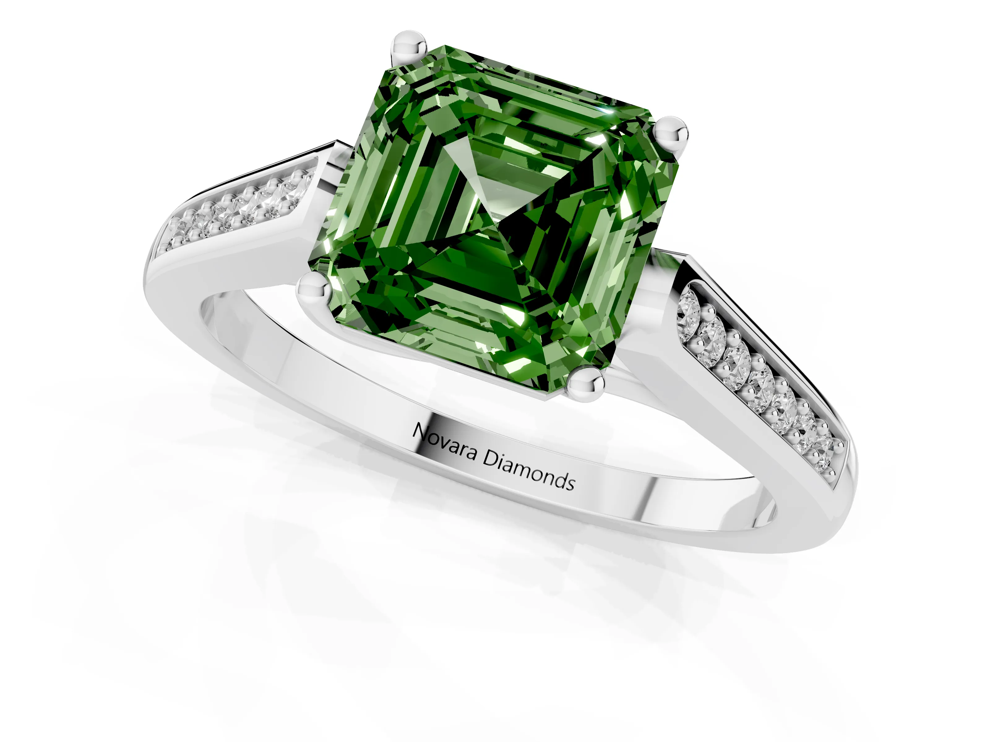 Fancy Green Asscher Cut Diamond Solitaire Cathedral Engagement Ring Set in White gold with Channel-Set Band and Prong Setting