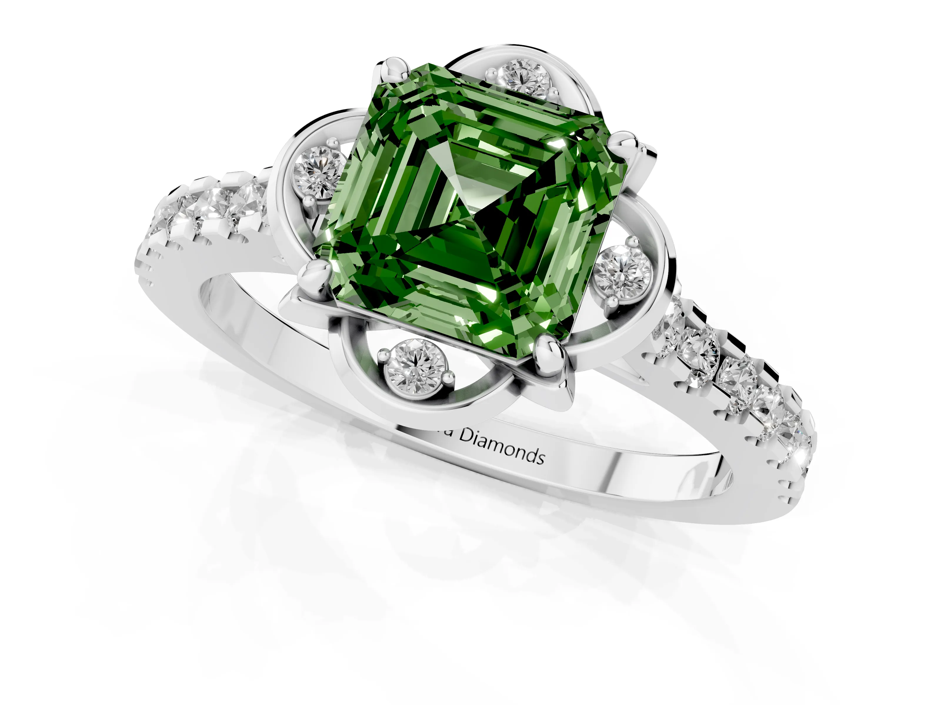 Fancy Green Asscher Cut Diamond Solitaire Ring Set in Platinum with Pavé Band and Floral Prong Setting – second view