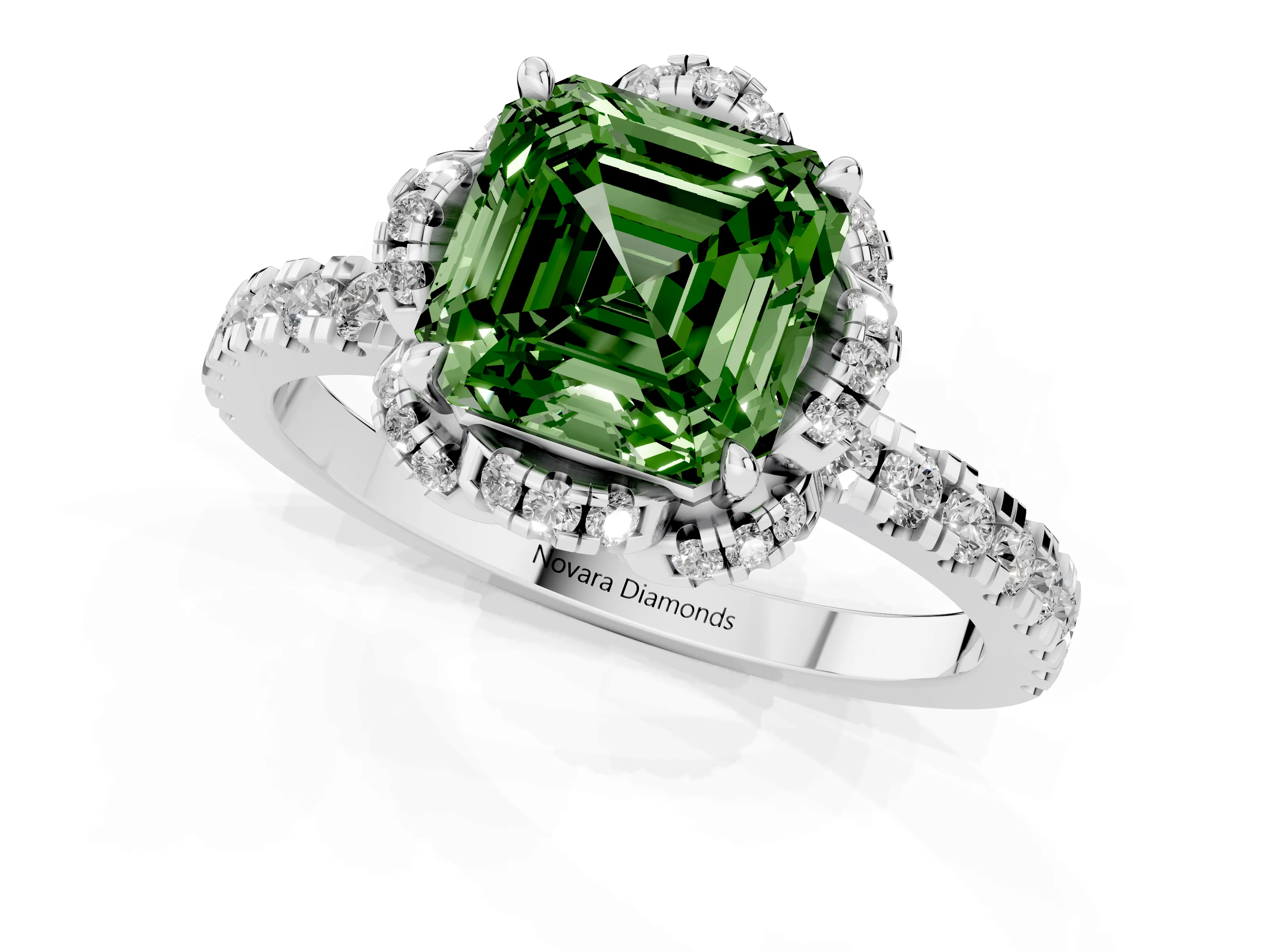 Fancy Green Asscher Cut Diamond Halo Pavé Ring Set in White gold with Prong-Held Center Stone