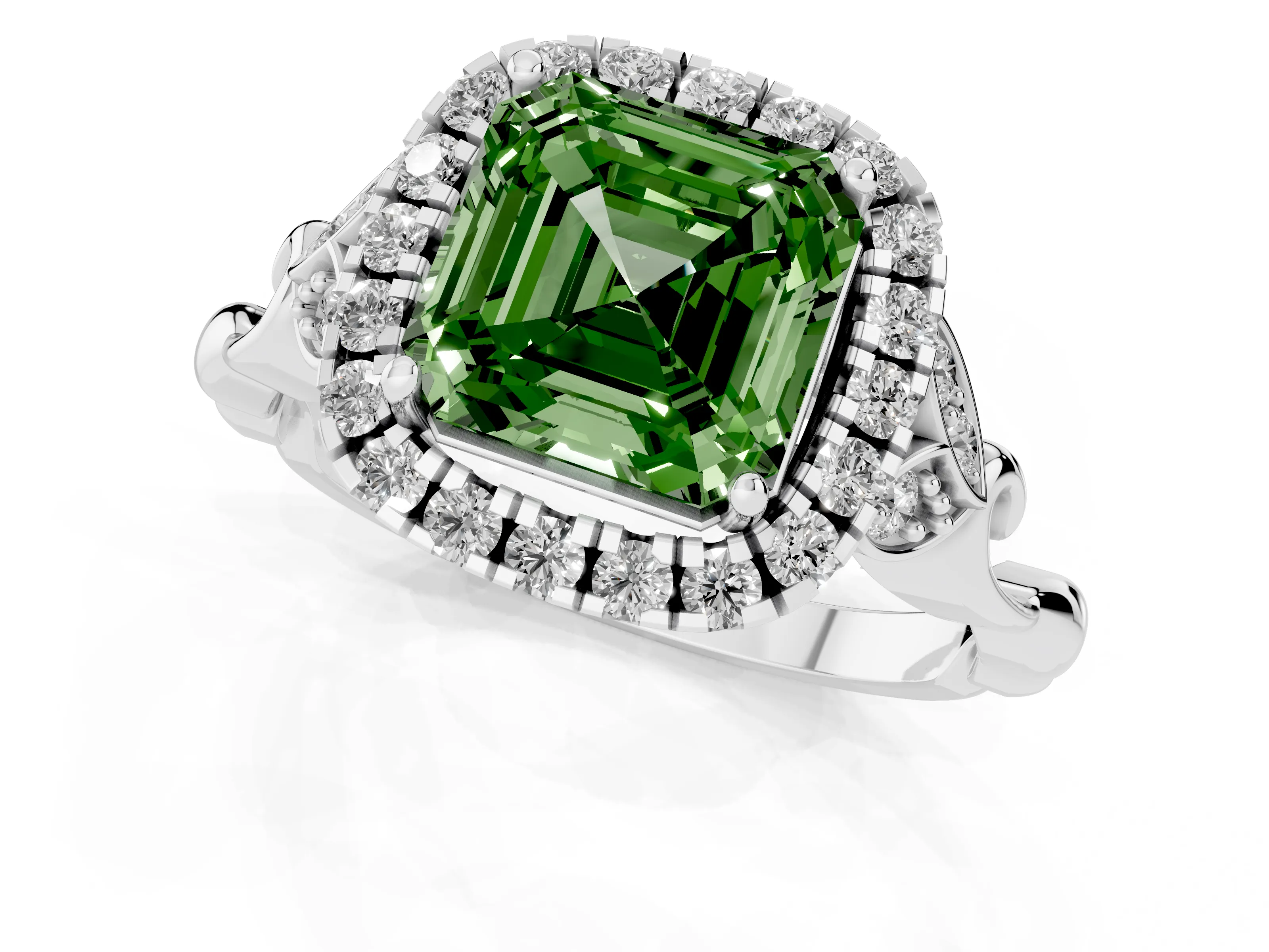Fancy Green Asscher Cut Diamond Halo Engagement Ring Set in Platinum with Vintage-Inspired Band and Prong Setting – second view