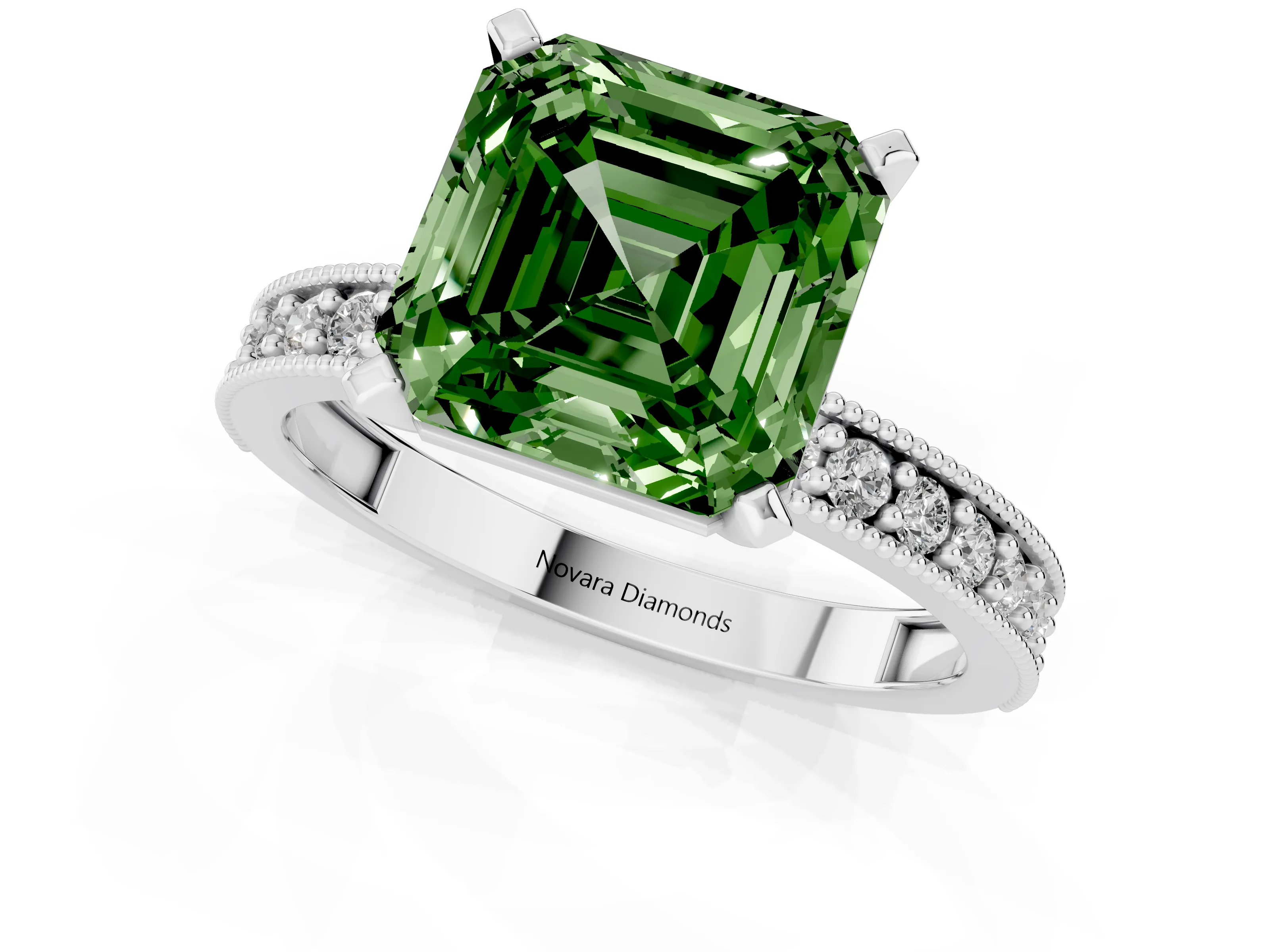 Fancy Green Asscher Cut Diamond Milgrain Pavé Engagement Ring Set in Silver with Prong Setting – second view