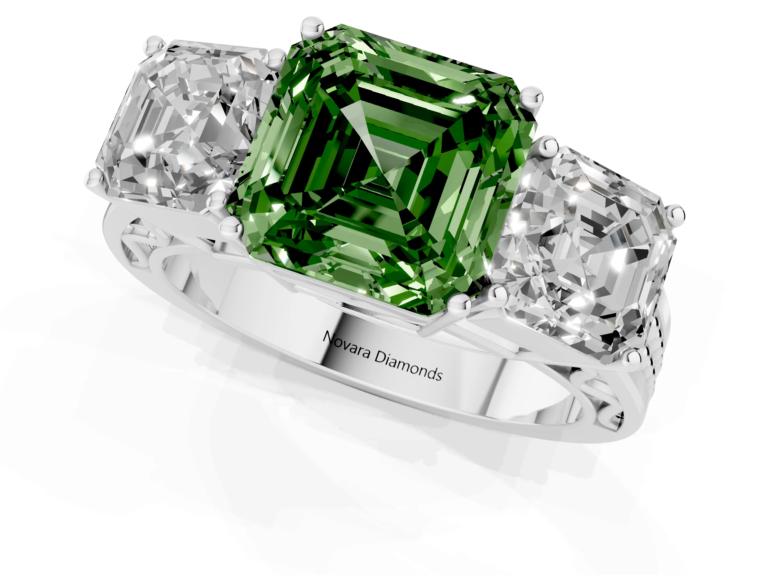 Fancy Green Asscher Cut Diamond Three-Stone Ring Set in White gold with Textured Band