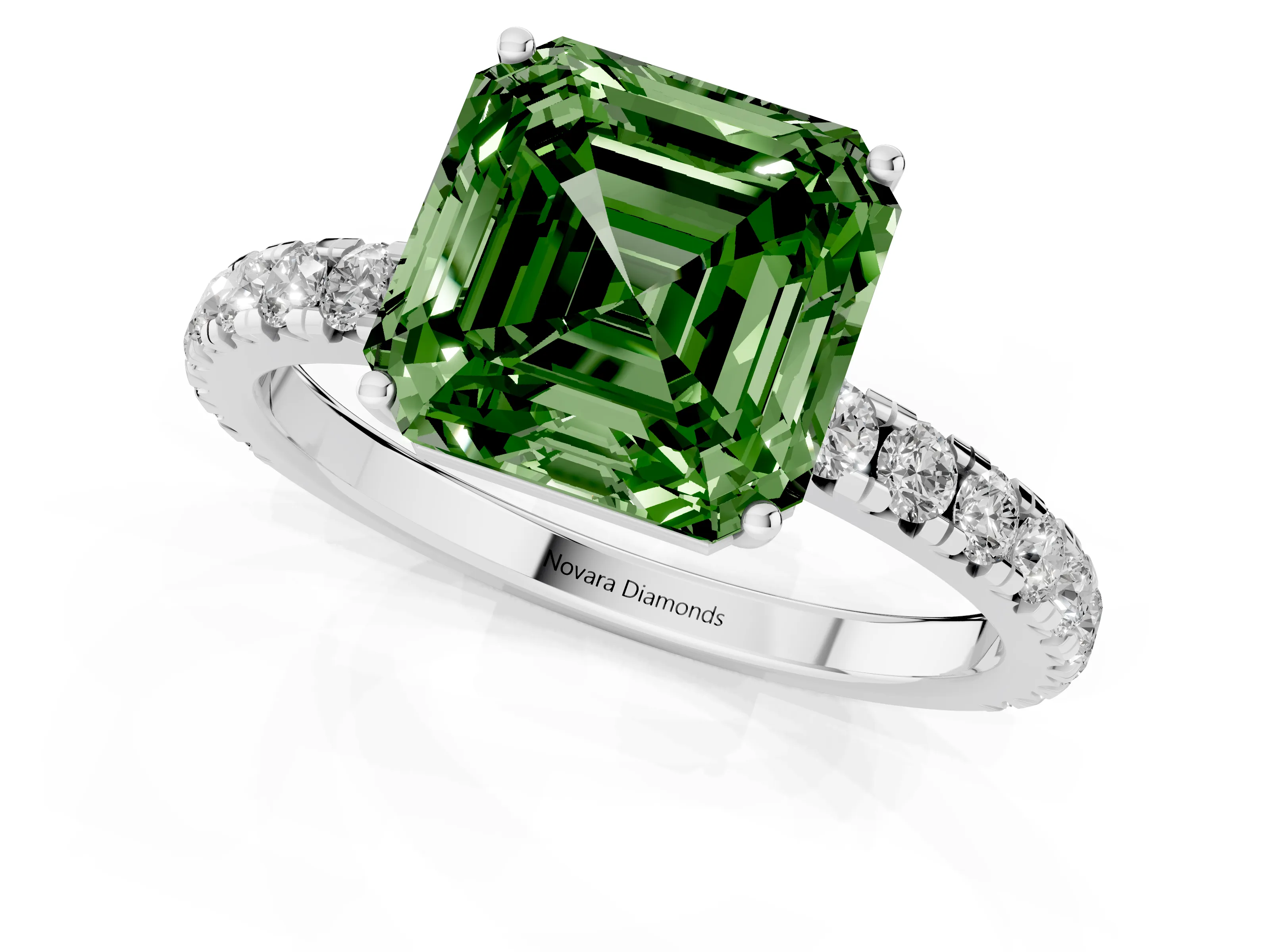 Fancy Green Asscher Cut Diamond Pavé Solitaire Engagement Ring Set in Platinum with Prong Setting