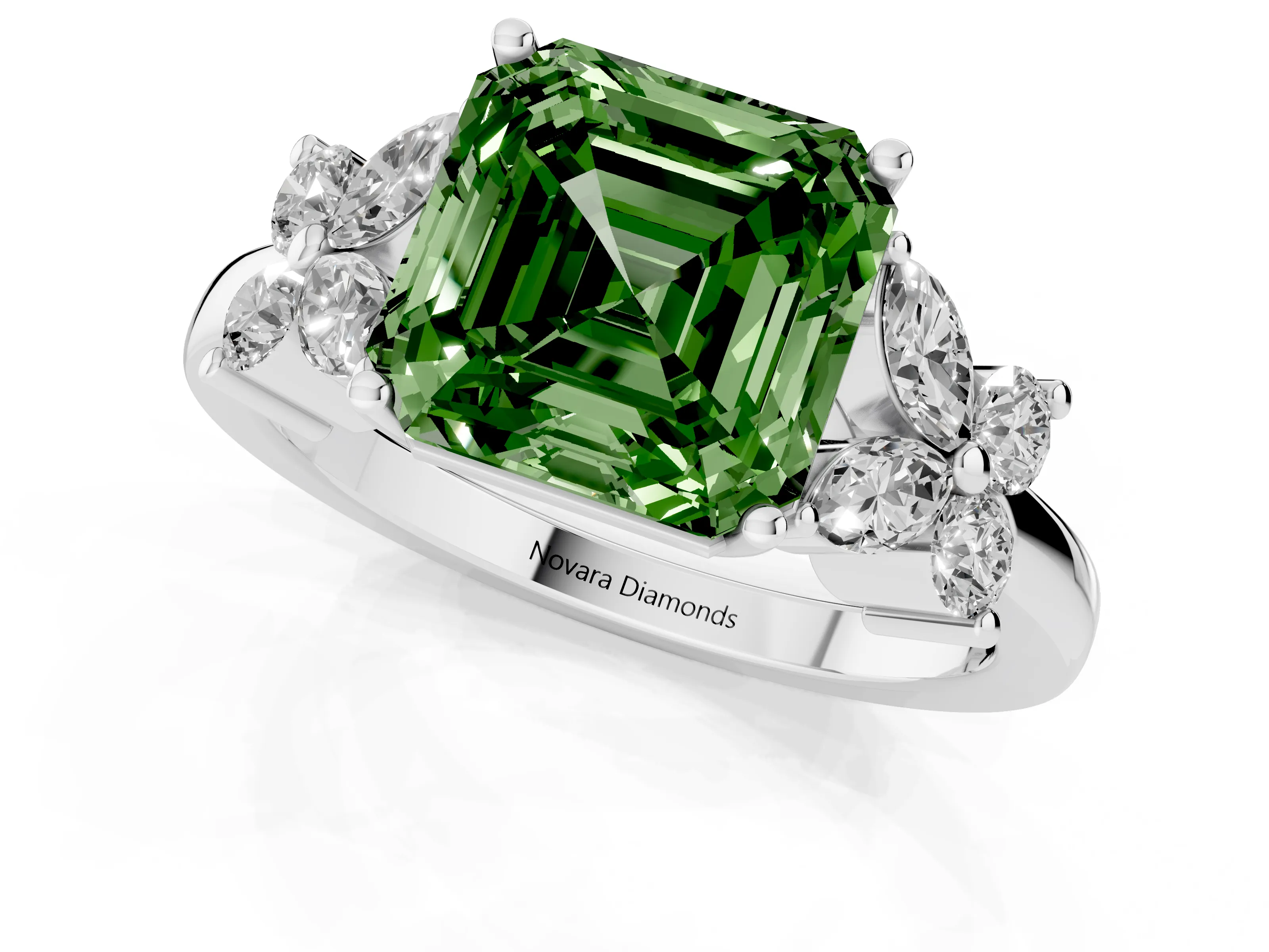 Fancy Green Asscher Cut Diamond Floral Cluster Ring Set in White gold with Marquise Petals and Prong Setting
