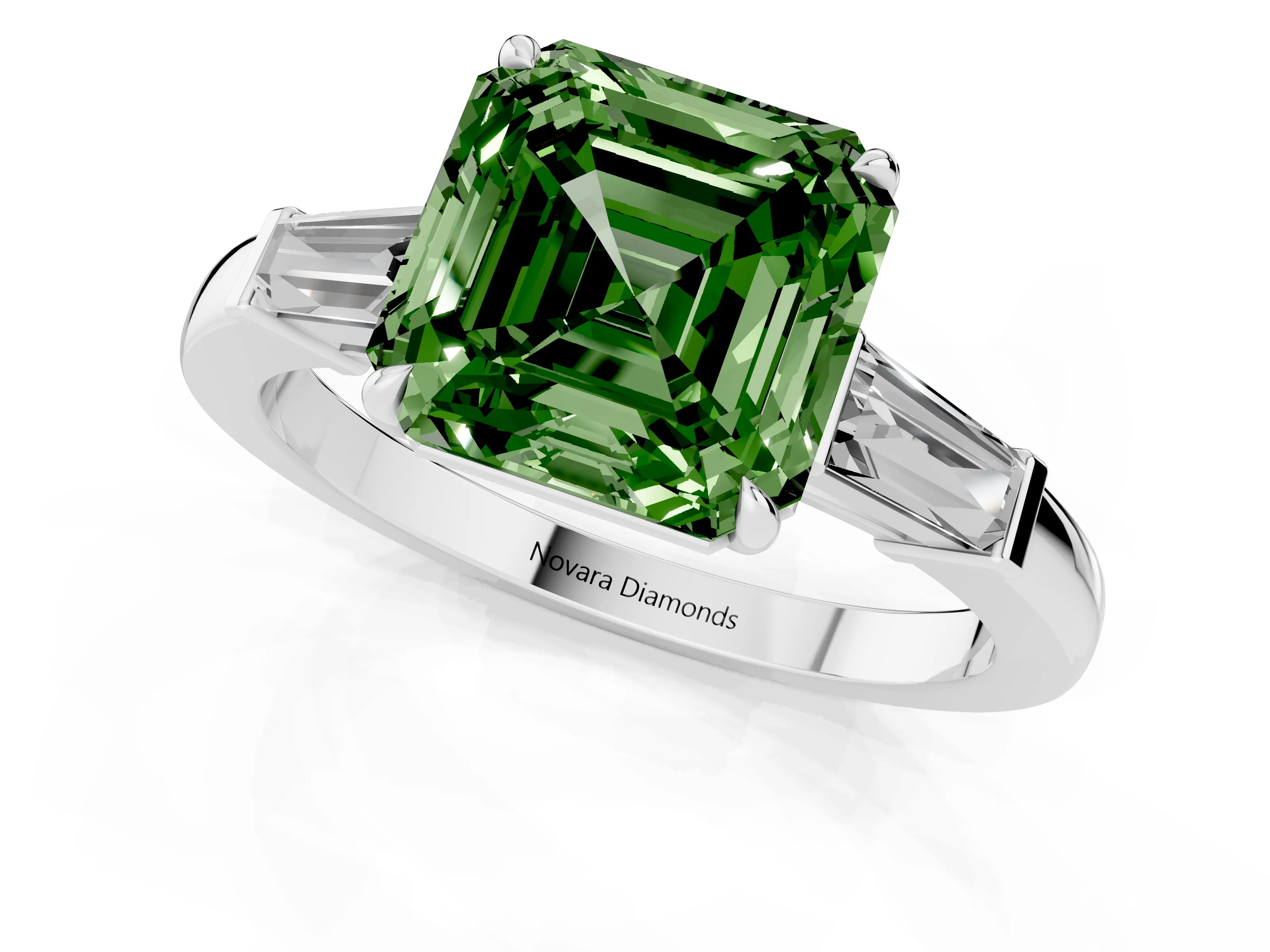 Fancy Green Asscher Cut Diamond Three-Stone Ring Set in Platinum with Tapered Baguette Side Stones and Prong Setting