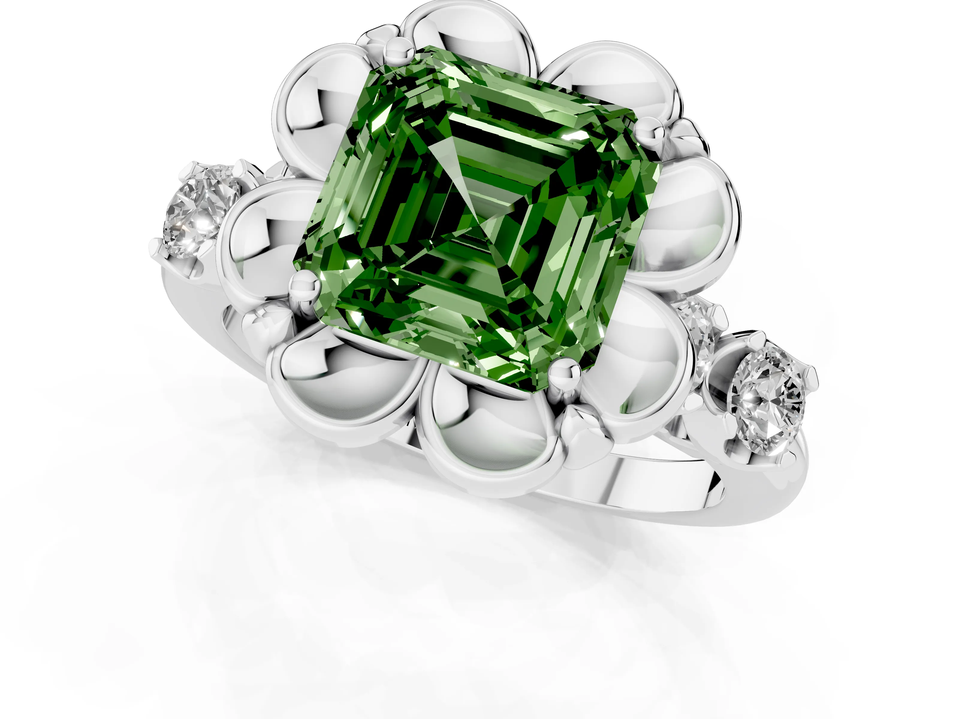 Fancy Green Asscher Cut Diamond Floral Halo Ring Set in White gold with Shared Prong Band
