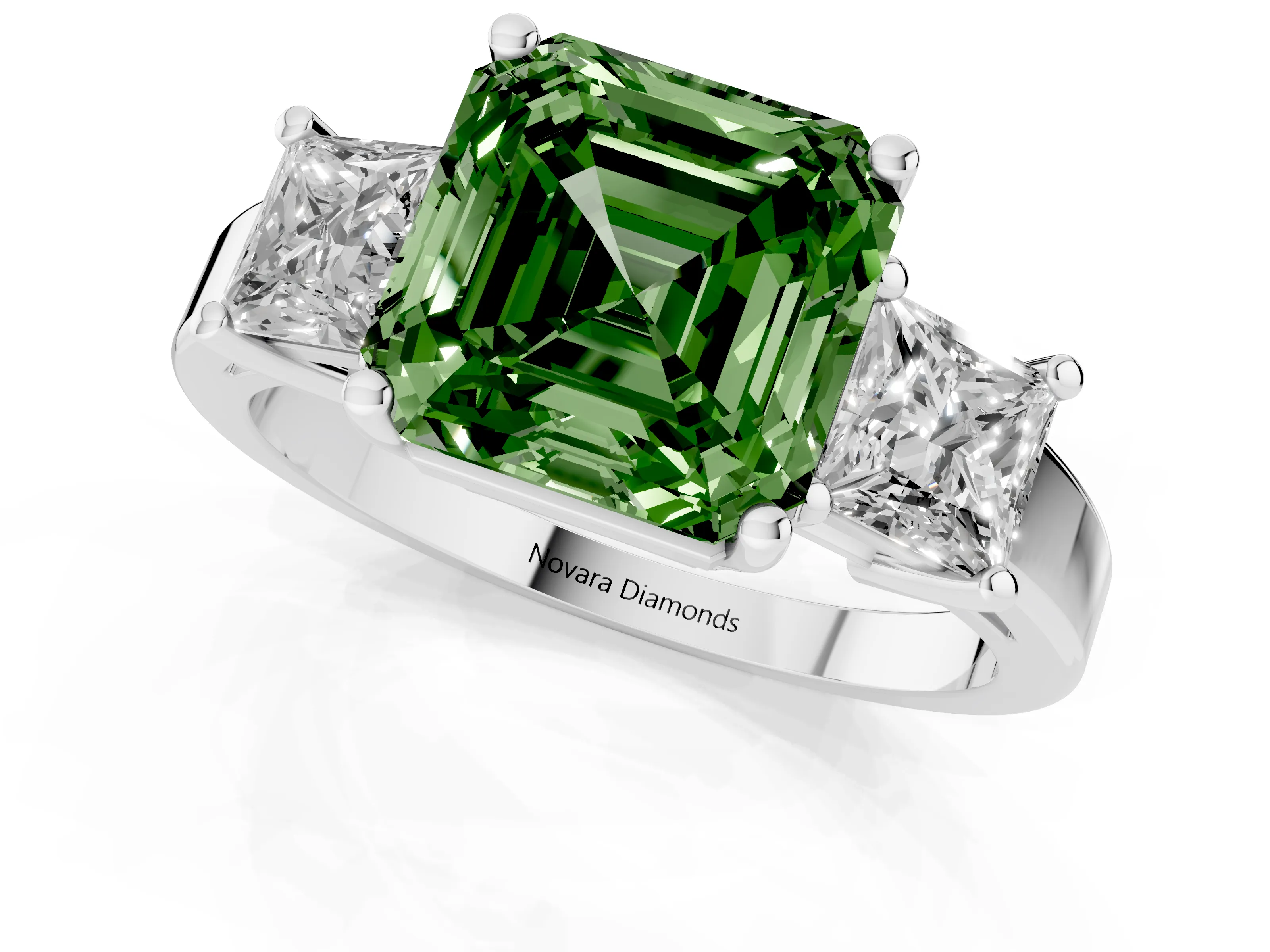 Fancy Green Three-Stone Asscher Cut Diamond Solitaire Ring Set in Silver with Prong Setting