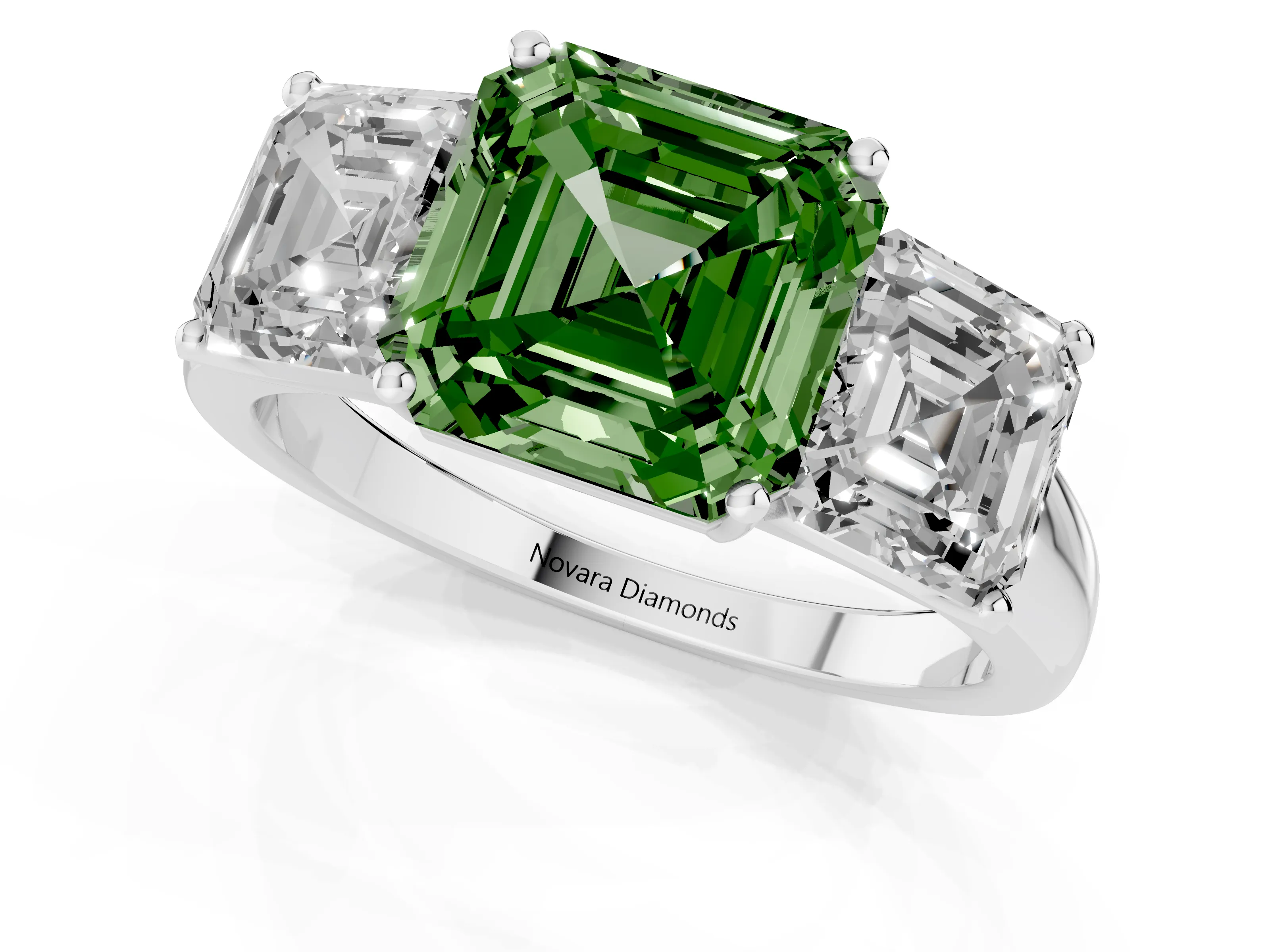 Fancy Green Asscher Cut Diamond Three-Stone Ring Set in Platinum with Classic Prong Setting and Plain Band
