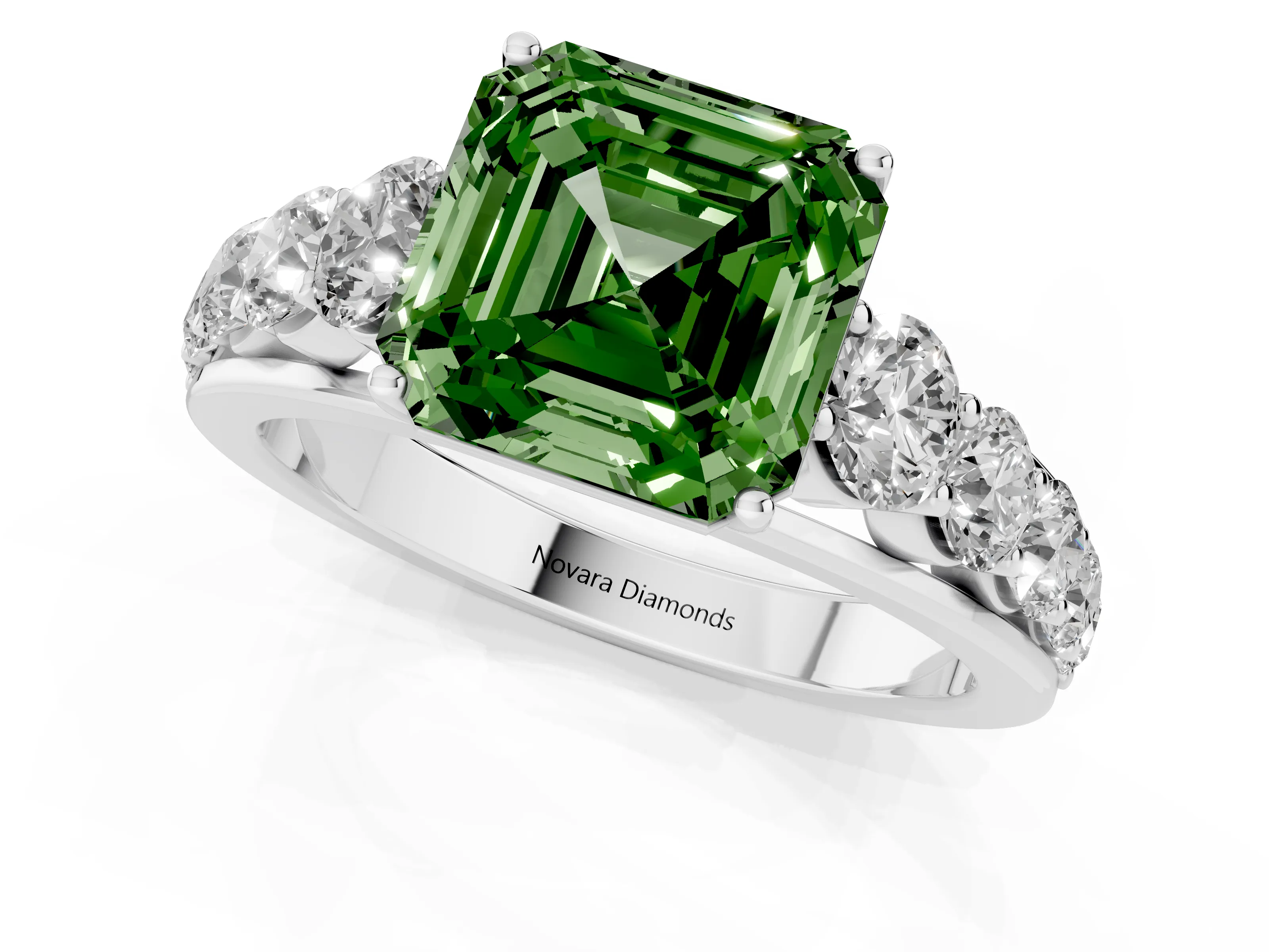 Fancy Green Asscher Cut Diamond Solitaire Ring Set in Silver with Pavé-Set Band and Prong Setting