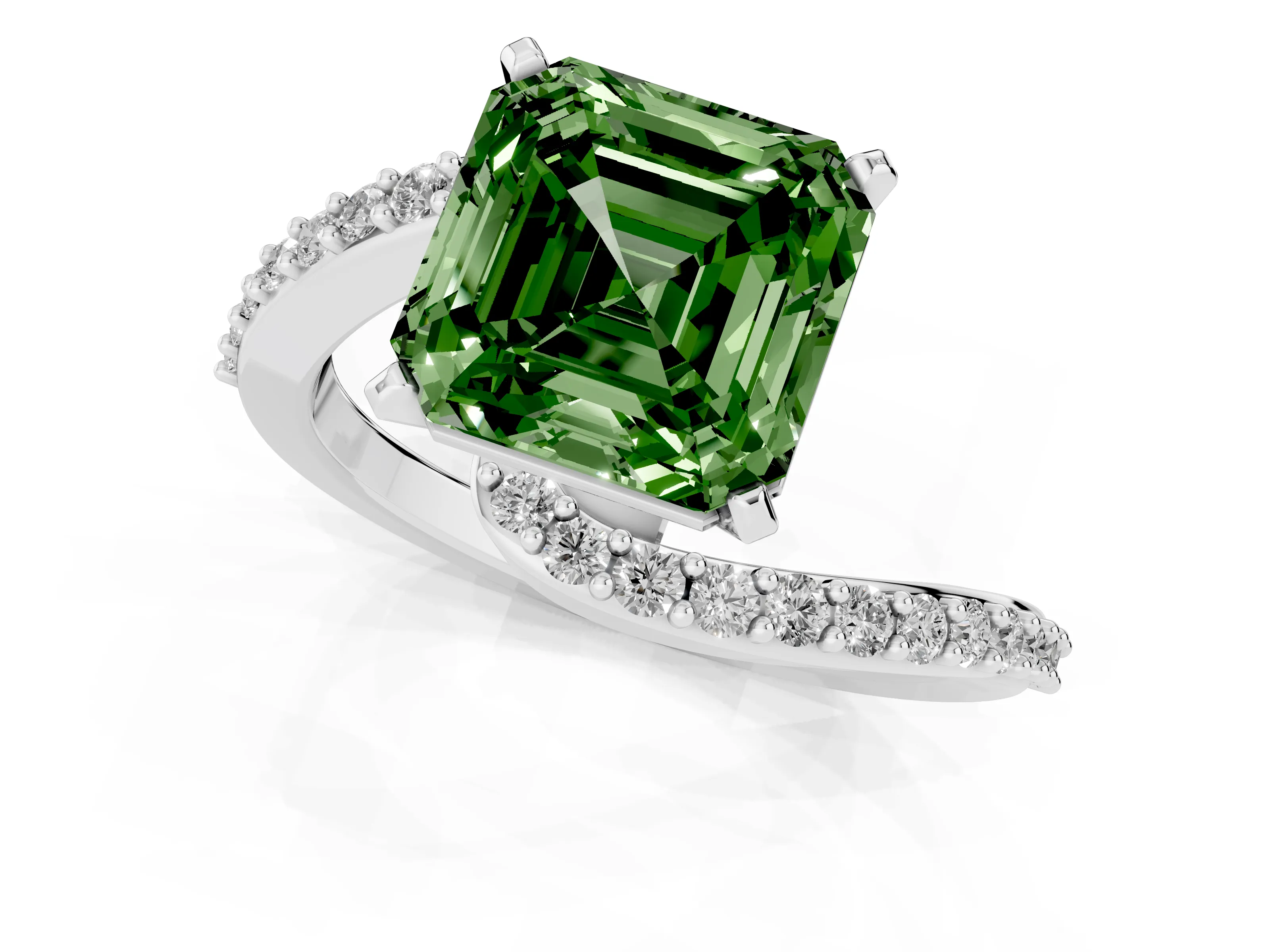 Fancy Green Asscher Cut Diamond Solitaire Ring Set in Platinum with Pavé Twist Band and Prong Setting