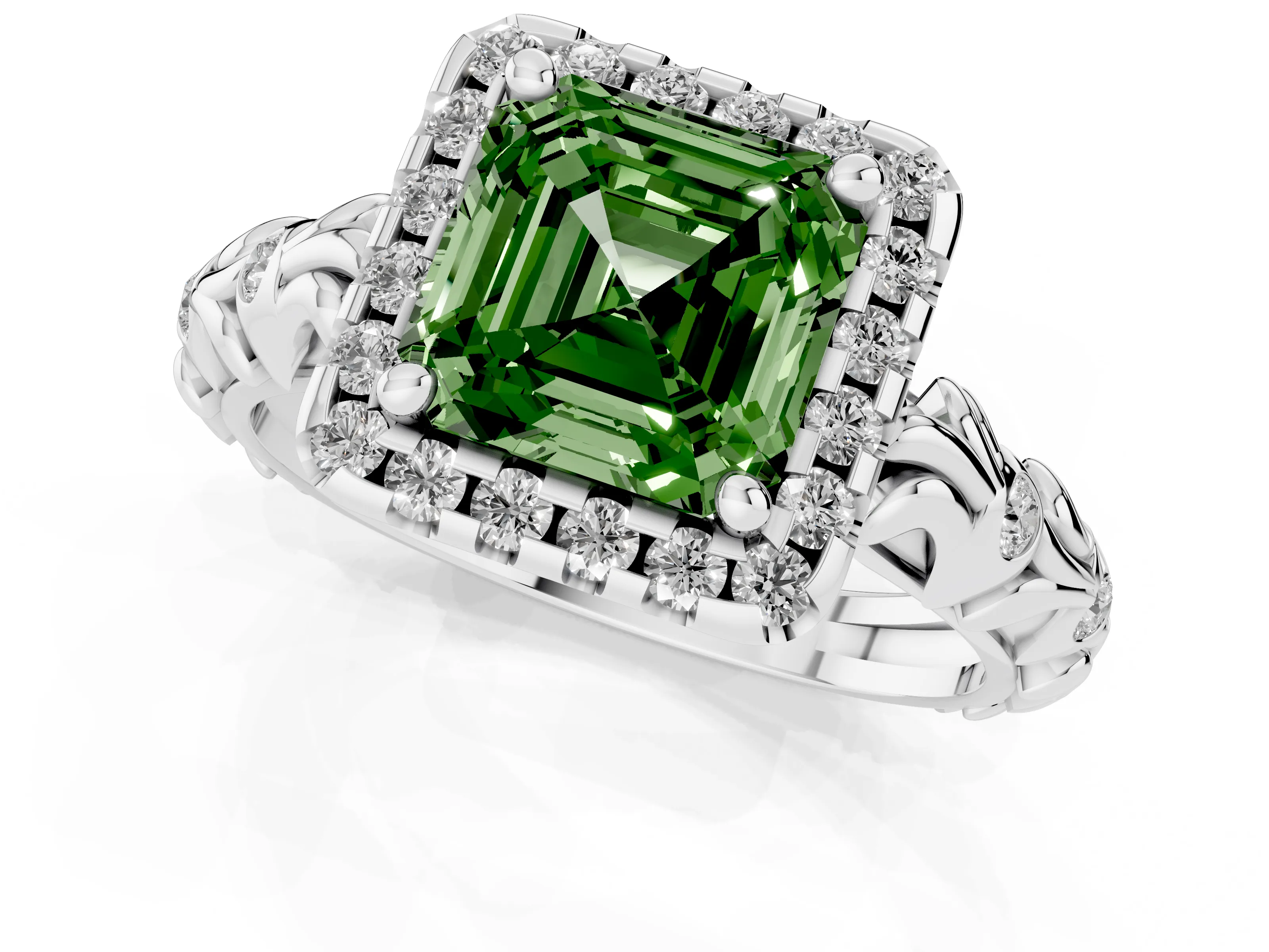 Fancy Green Asscher Cut Diamond Halo Ring Set in Platinum with Filigree Leaf Band and Prong Setting
