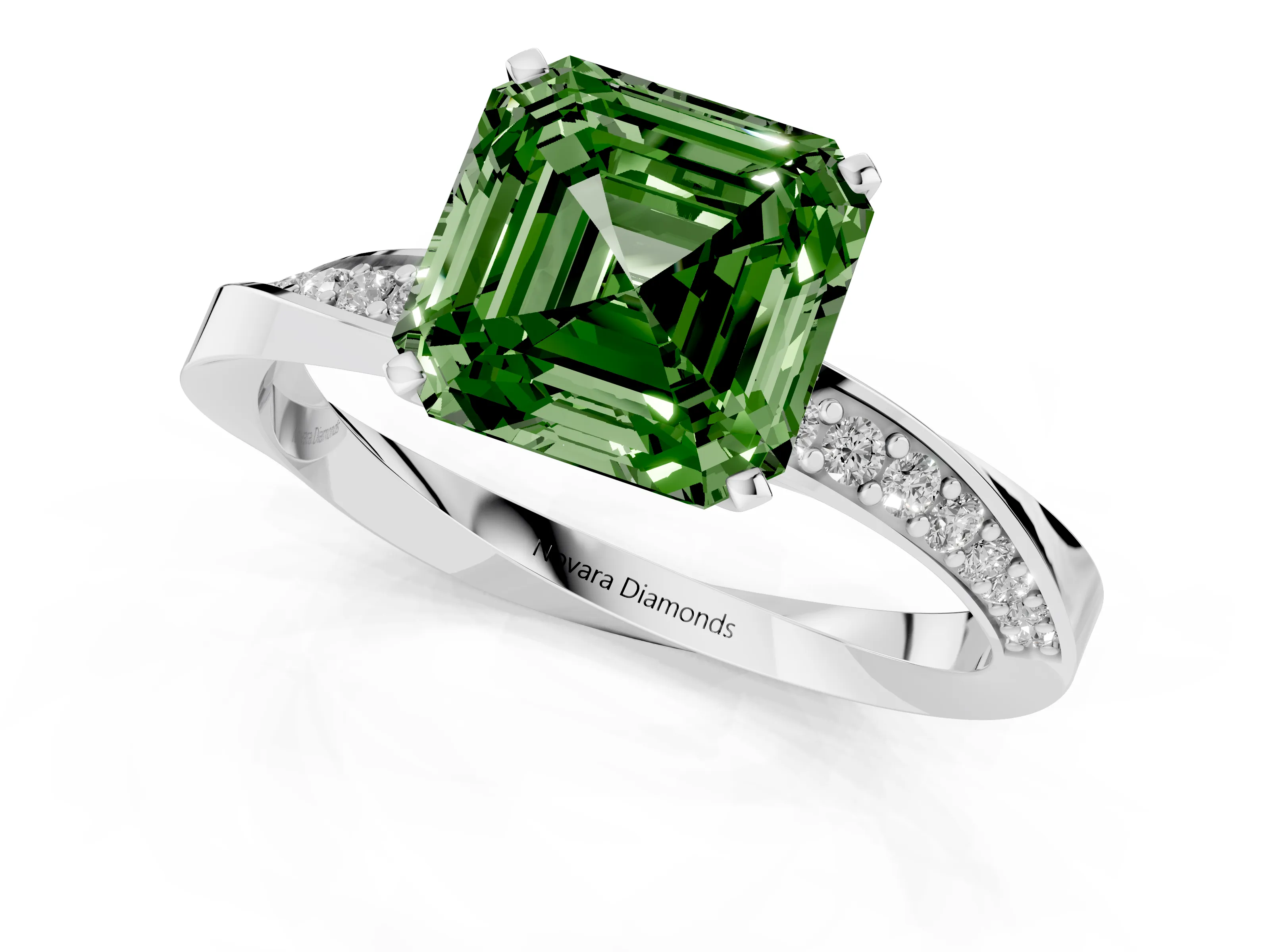 Fancy Green Asscher Cut Diamond Engagement Ring Set in White gold with Side Stone Accents and Prong Setting