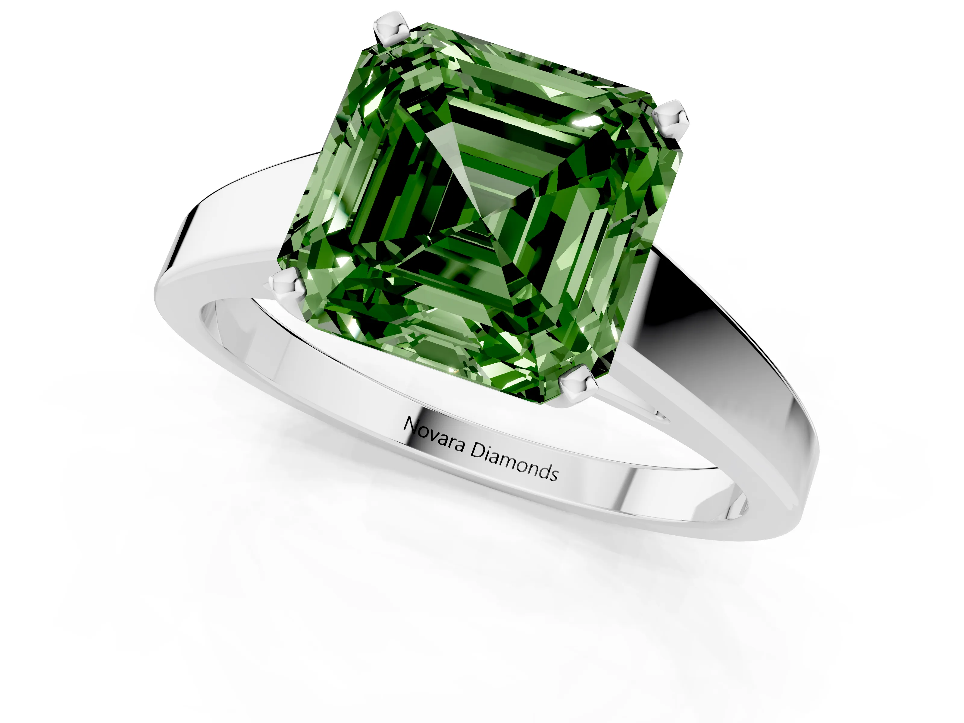 Fancy Green Asscher Cut Diamond Solitaire Engagement Ring Set in White gold with Prong Setting and Tapered Band