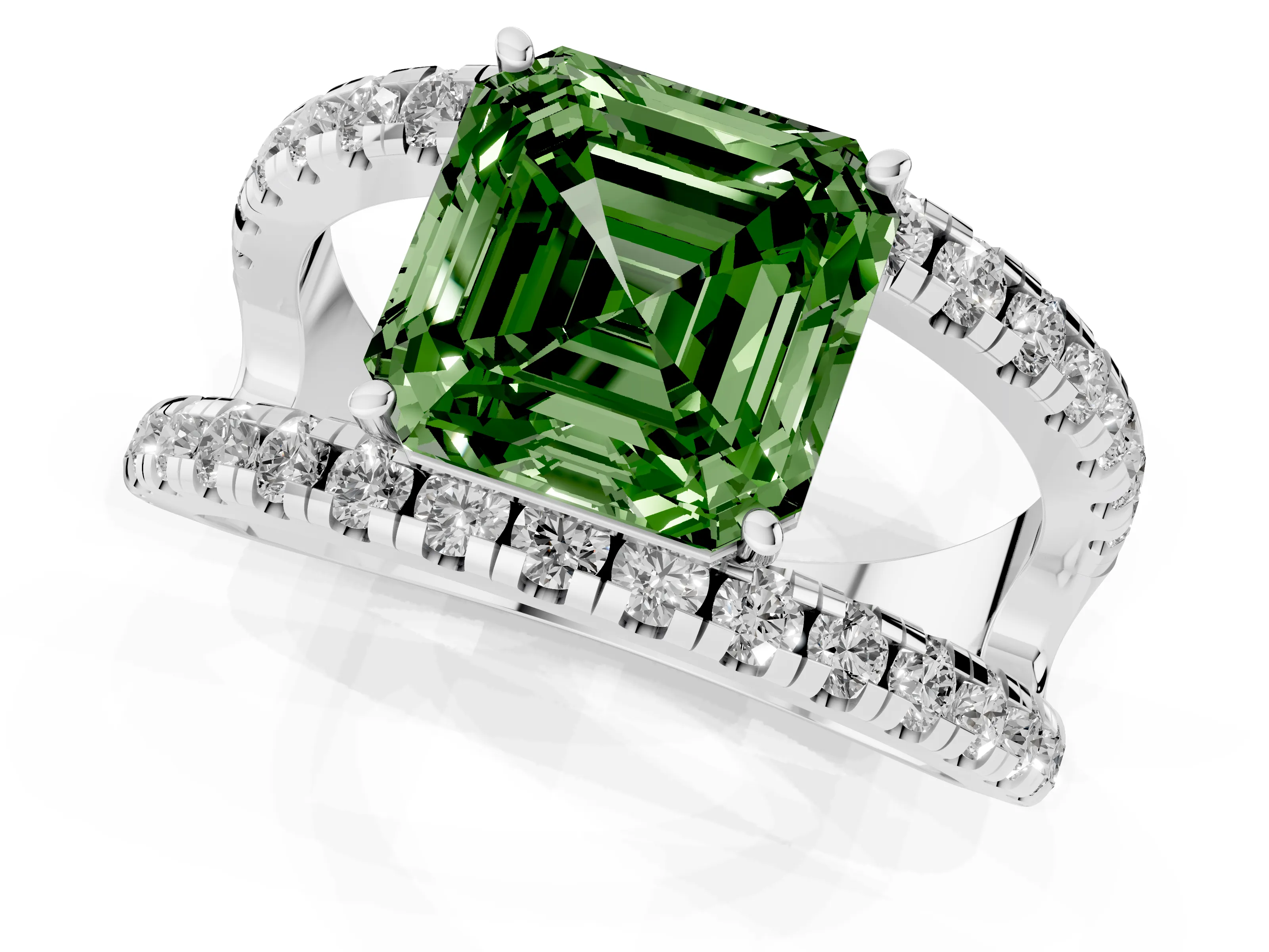 Fancy Green Asscher Cut Diamond Split Shank Pavé Solitaire Ring Set in Platinum with Open Shank Design