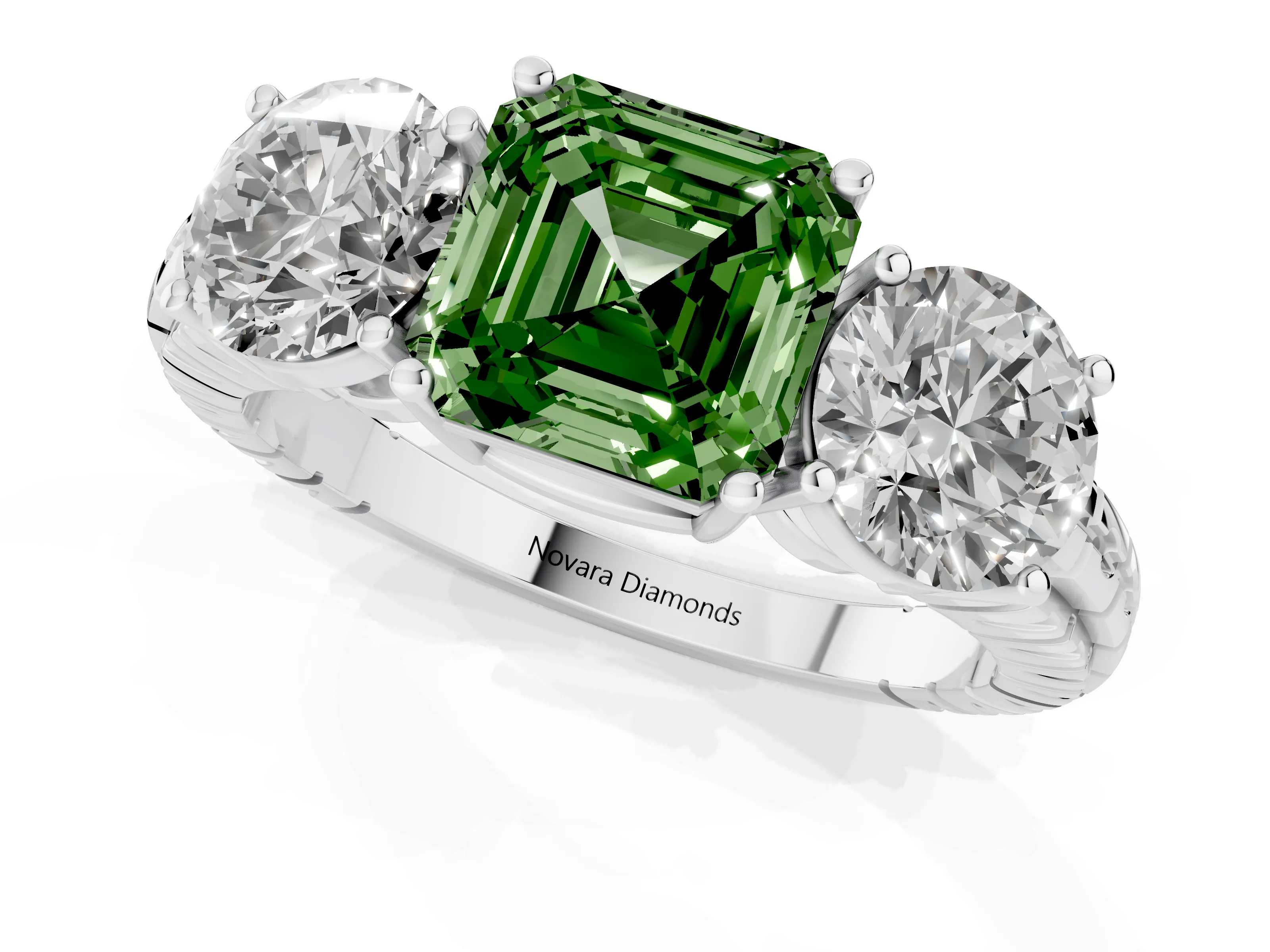 Fancy Green Asscher Cut Diamond Three-Stone Ring Set in Platinum with Channel-Set Accent Band