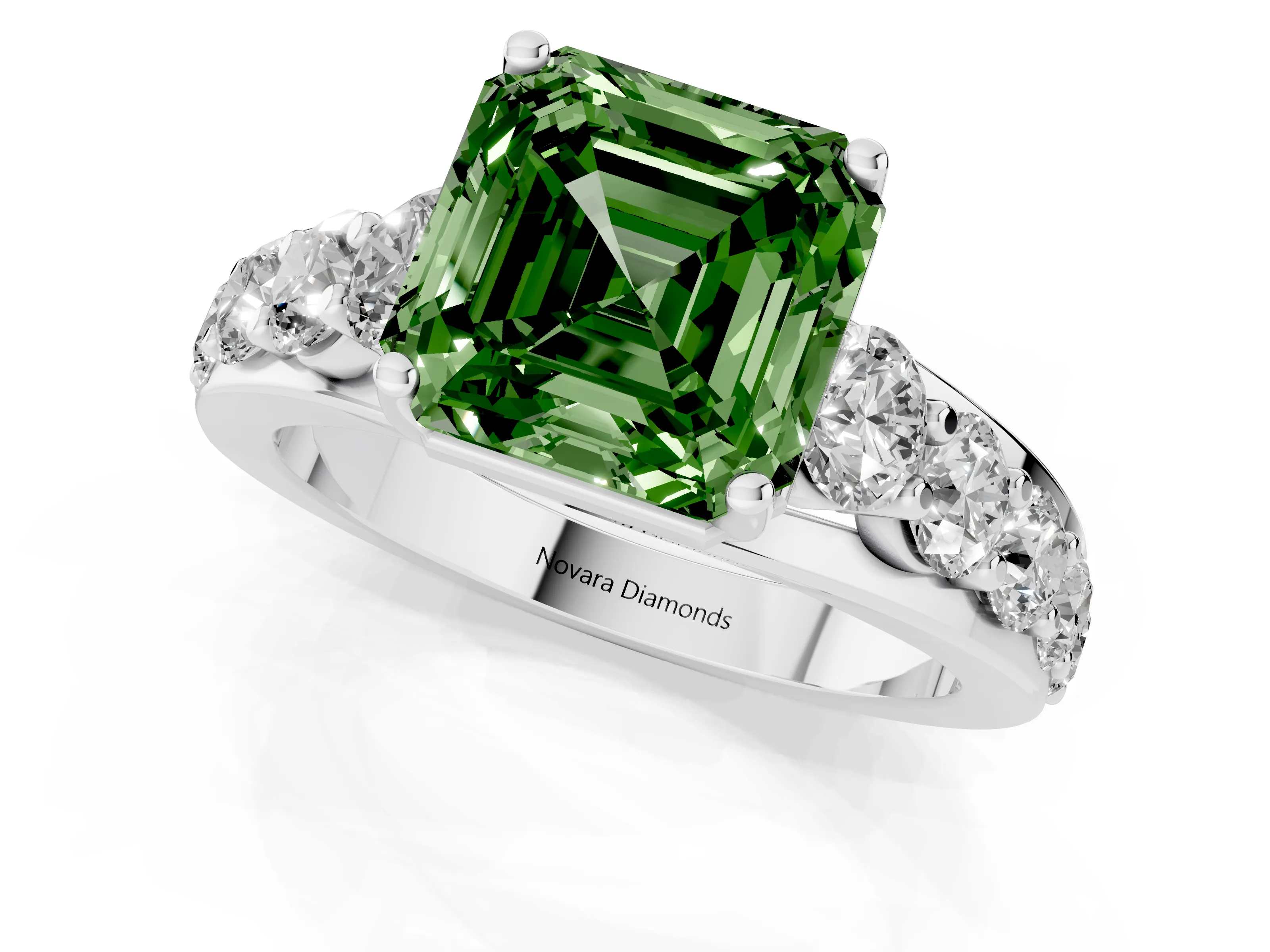 Fancy Green Asscher Cut Diamond Pavé Engagement Ring Set in Silver with Prong Setting