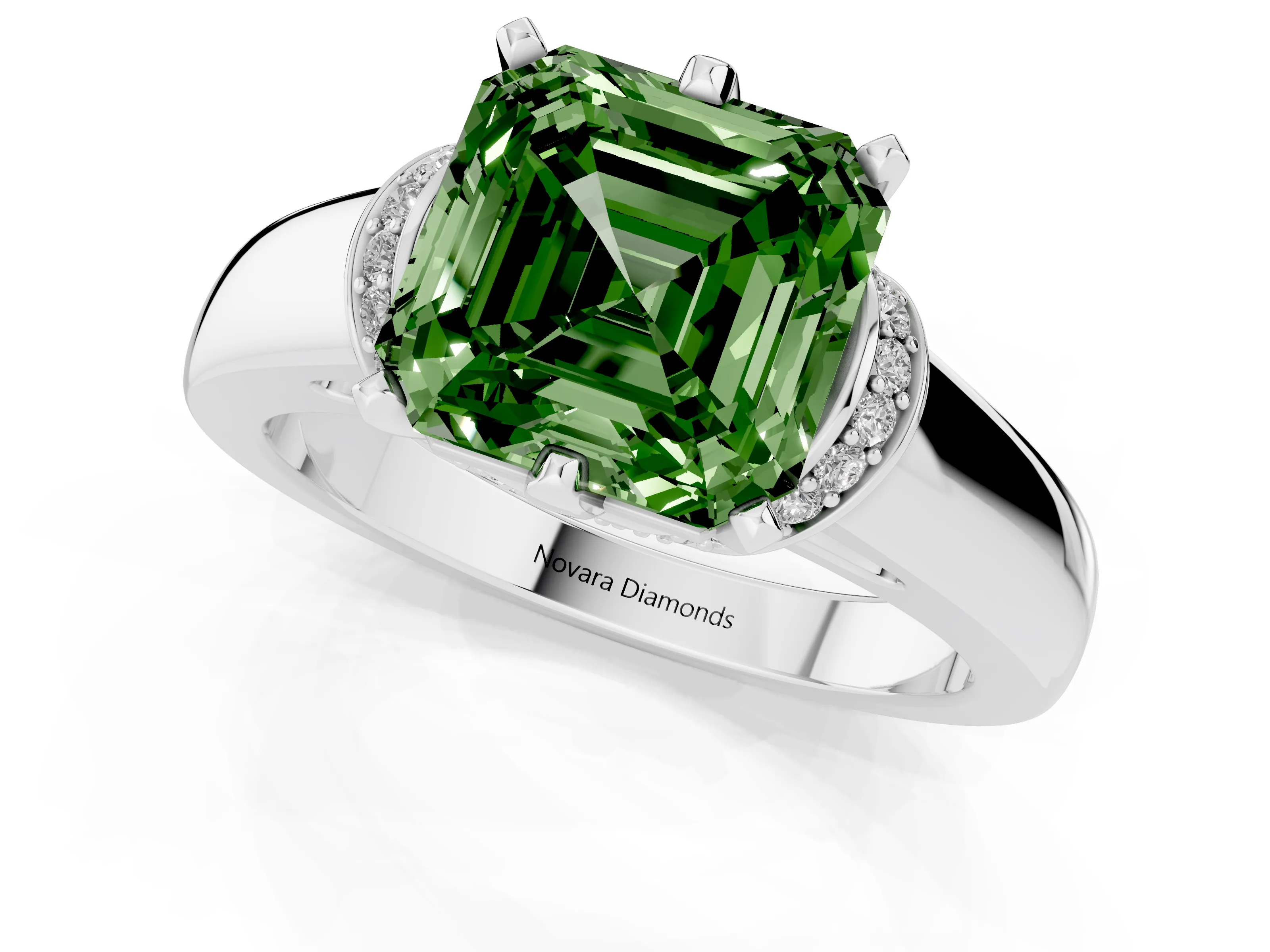 Fancy Green Asscher Cut Diamond Pavé Band Solitaire Ring Set in Silver with Prong Setting