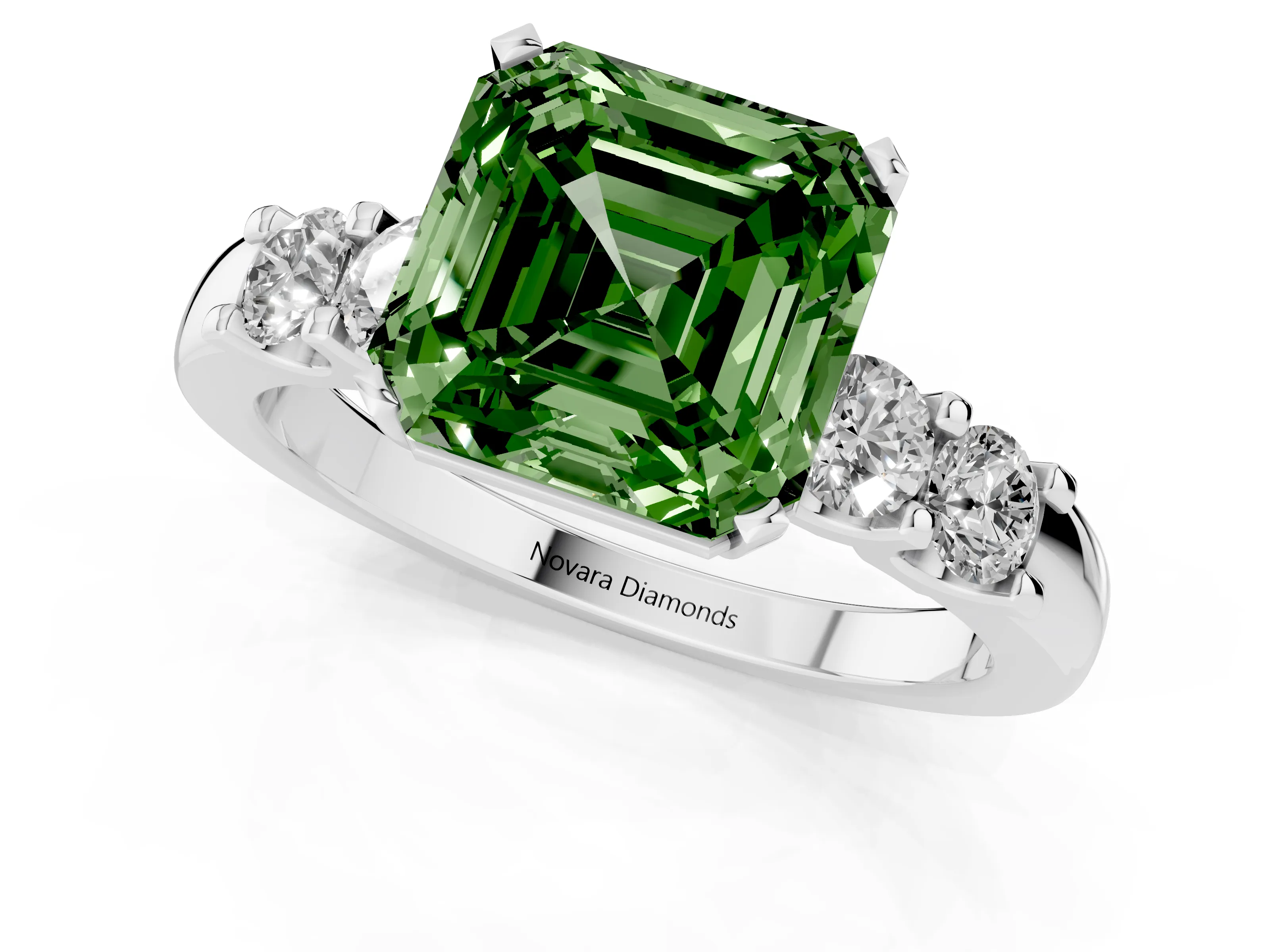 Fancy Green Asscher Cut Diamond Five-Stone Prong Set Engagement Ring Set in White gold with Channel Band
