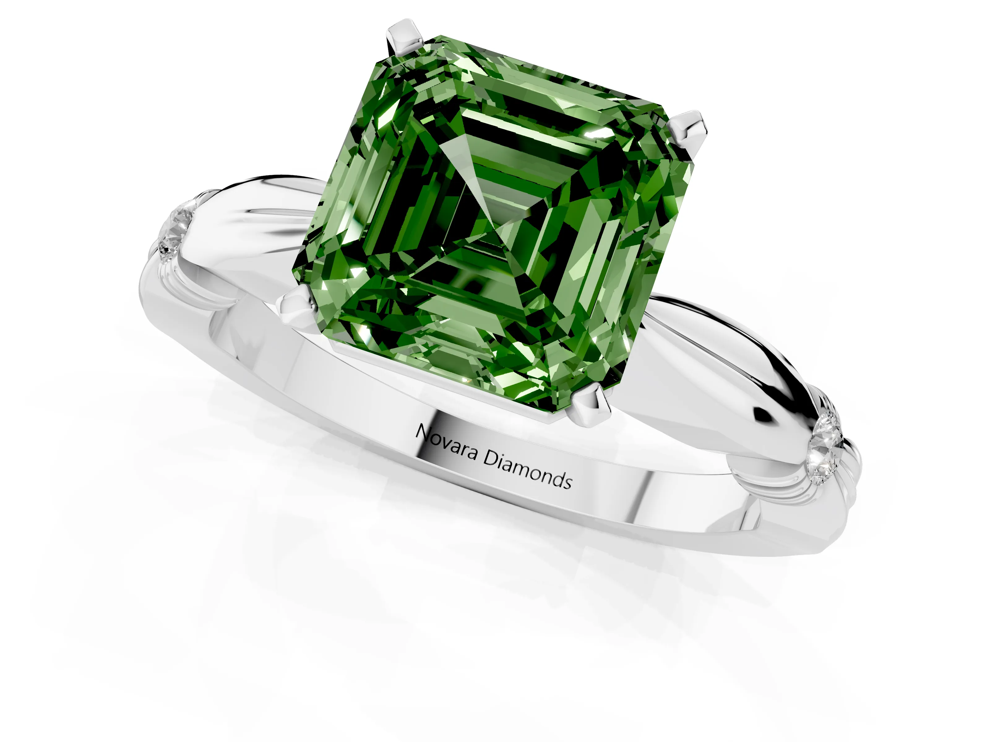 Fancy Green Asscher Cut Diamond Solitaire Twisted Band Ring Set in Silver with Accent Stones and Prong Setting