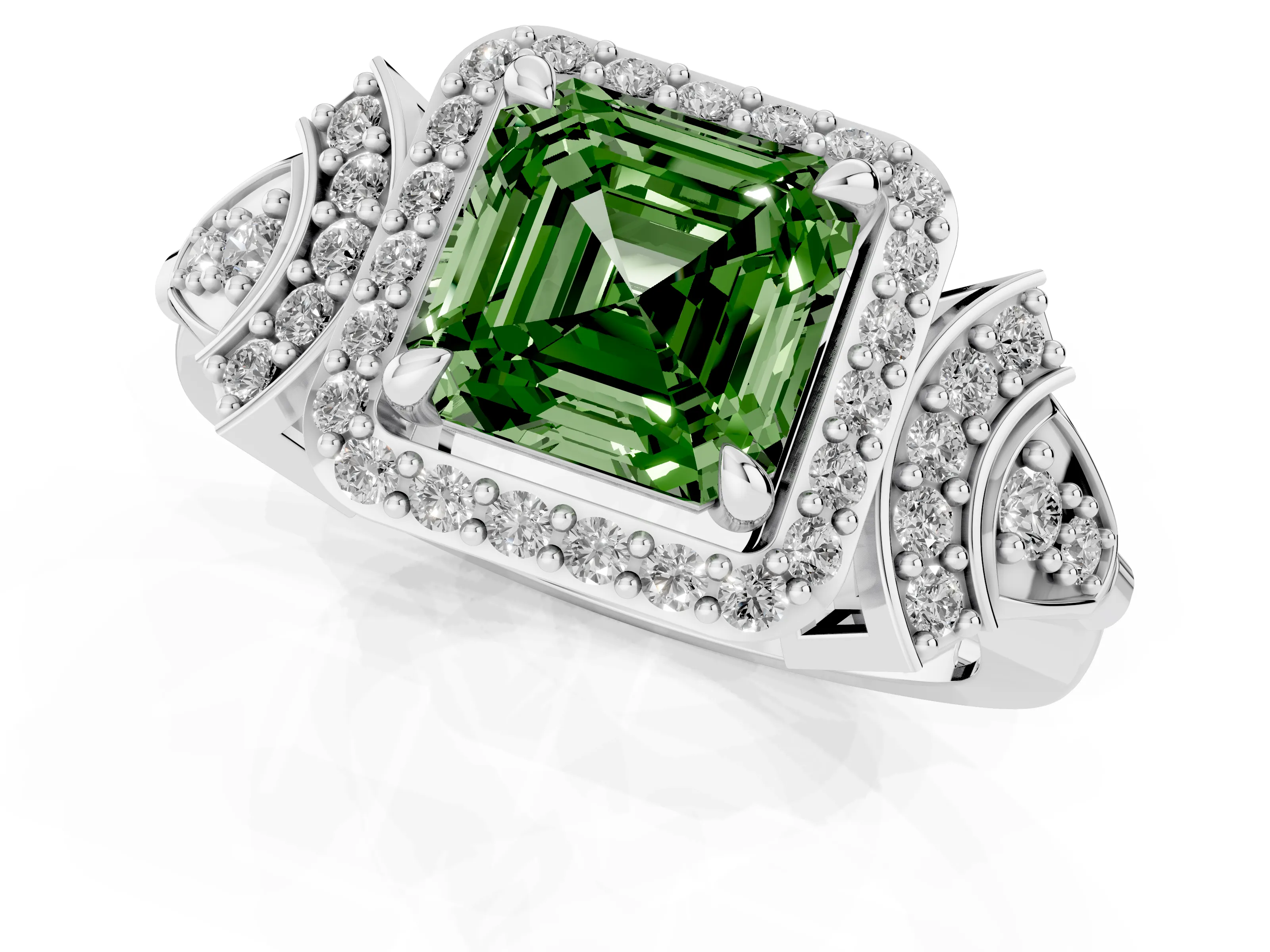 Fancy Green Asscher Cut Diamond Halo Engagement Ring Set in White gold with Accent Stone Split Shank