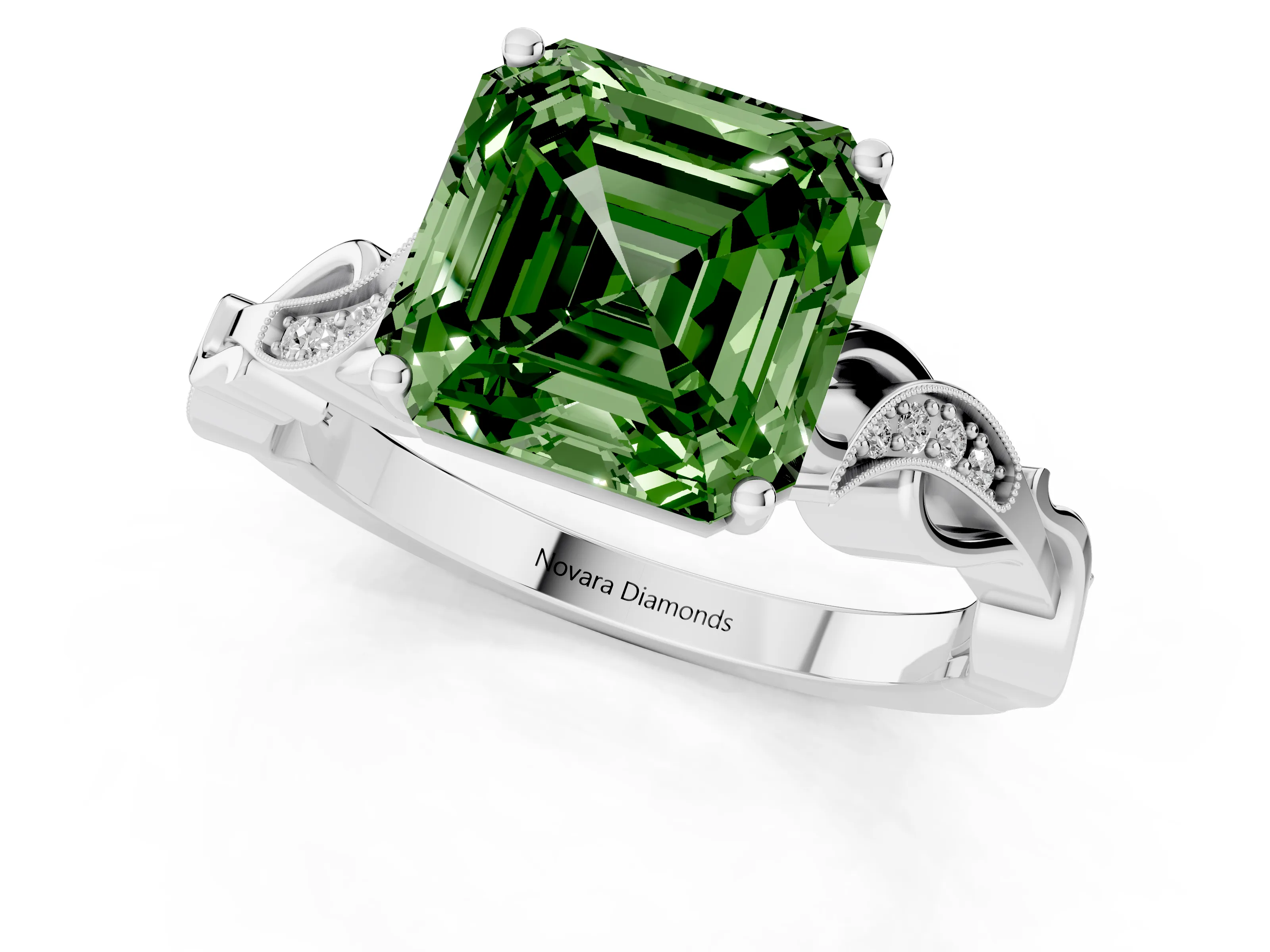 Fancy Green Asscher Cut Diamond Vine Band Solitaire Ring Set in White gold with Milgrain Prong Setting