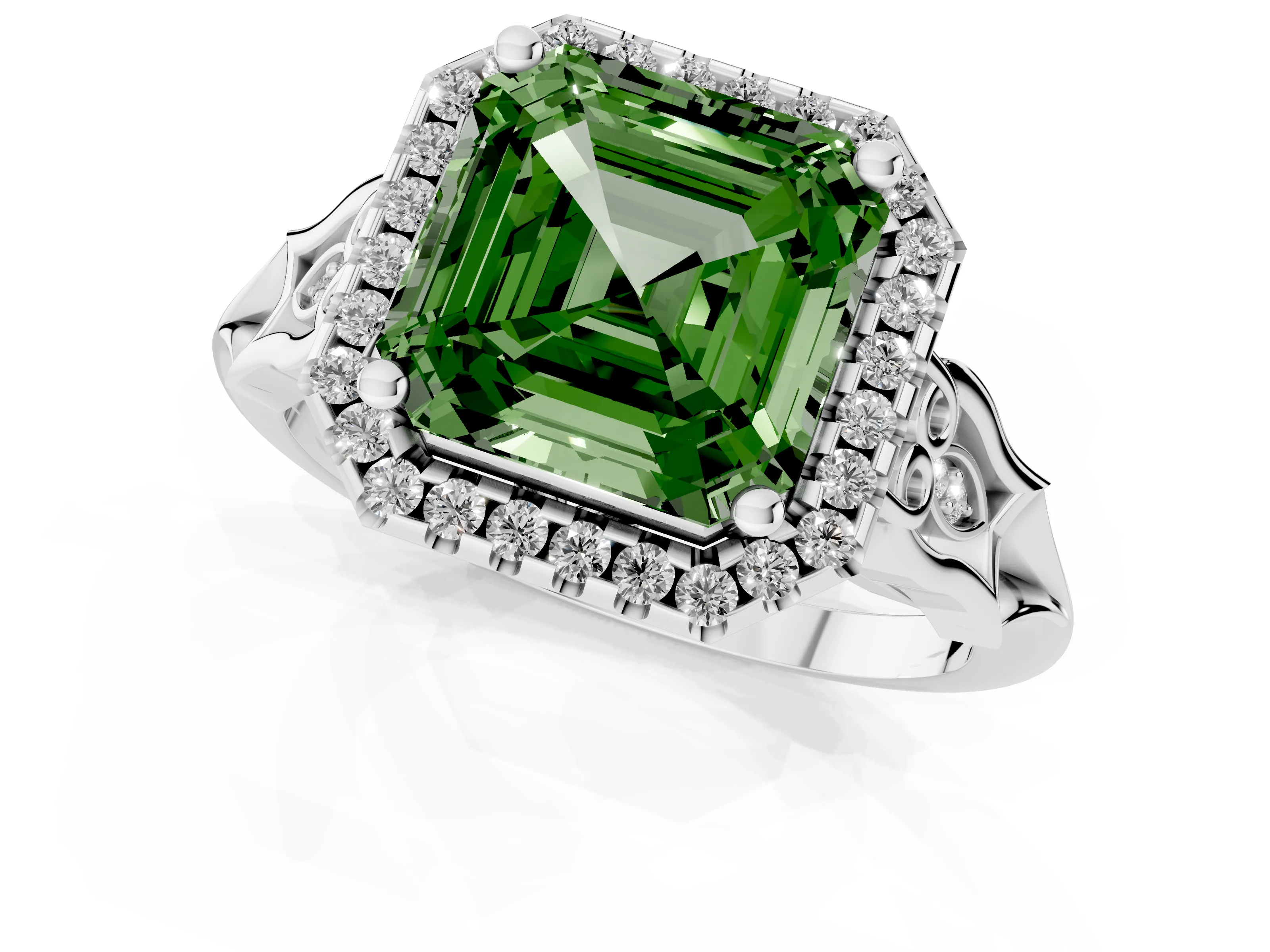 Fancy Green Asscher Cut Diamond Halo Engagement Ring Set in Platinum with Filigree Band and Prong-Set Center