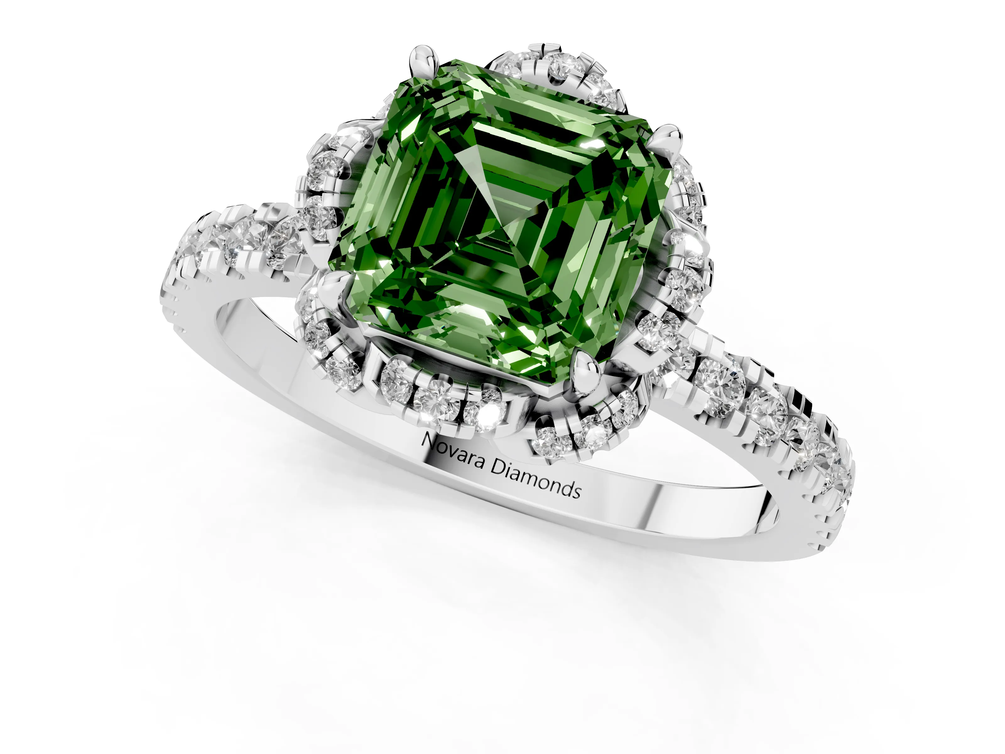 Fancy Green Asscher Cut Diamond Halo Pavé Band Ring Set in Platinum with Prong-Held Center