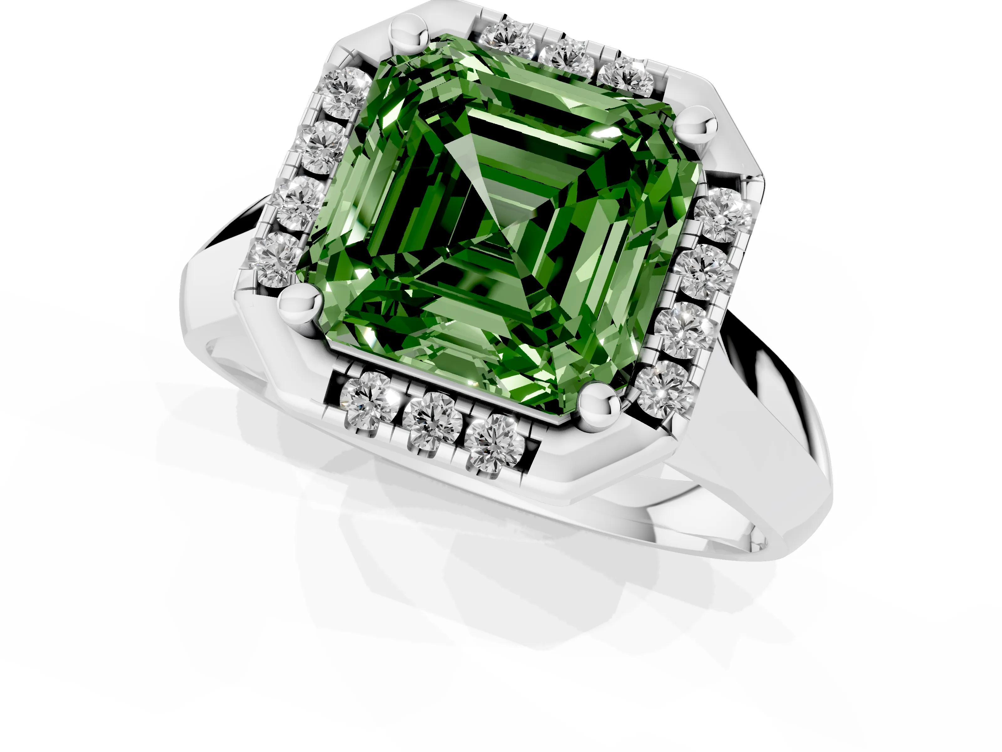 Fancy Green Asscher Cut Diamond Halo Solitaire Engagement Ring Set in Silver with Square Band and Prong Setting