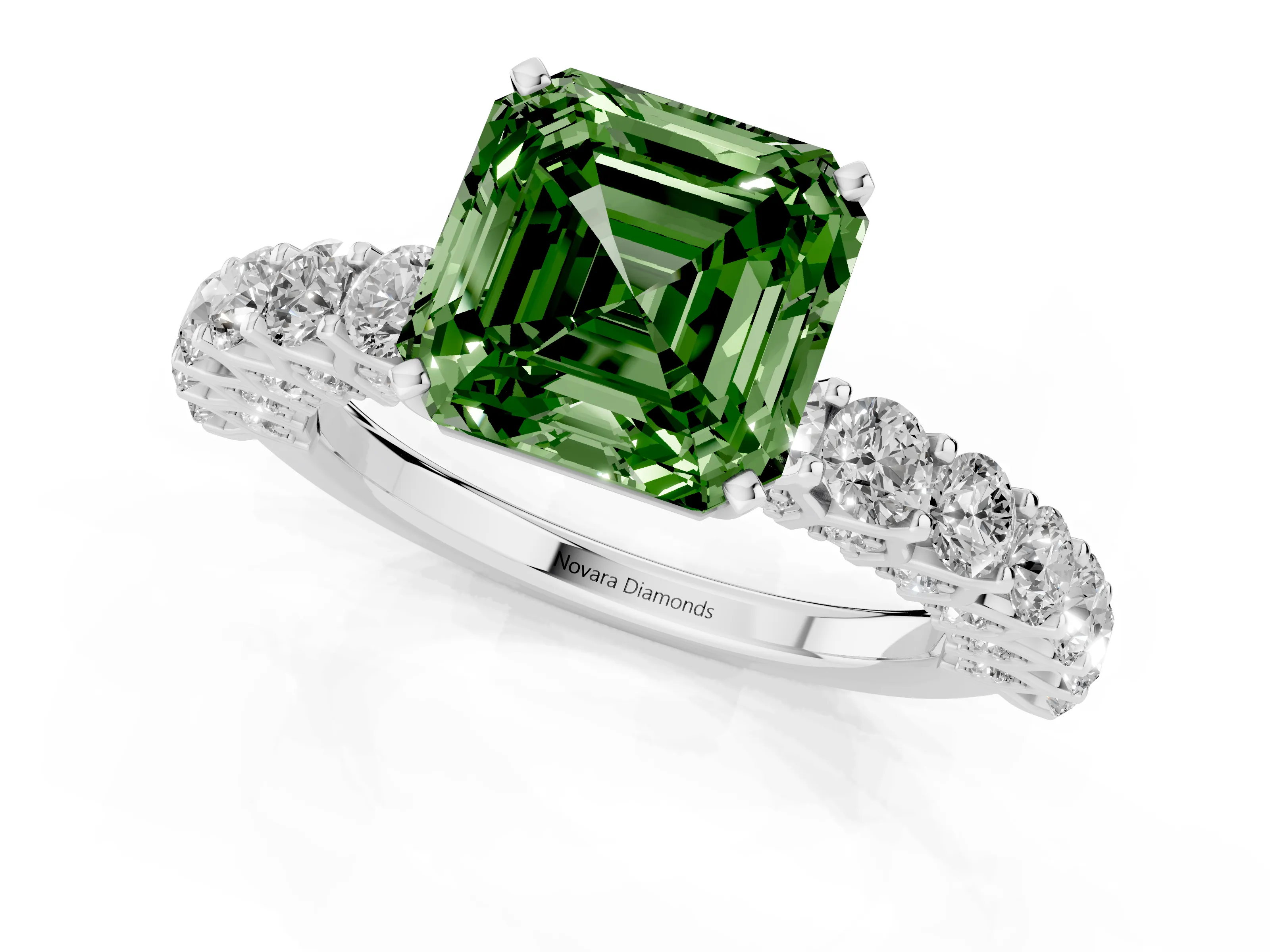 Fancy Green Asscher Cut Diamond Solitaire Ring Set in Silver with Shared Prong Pavé Band