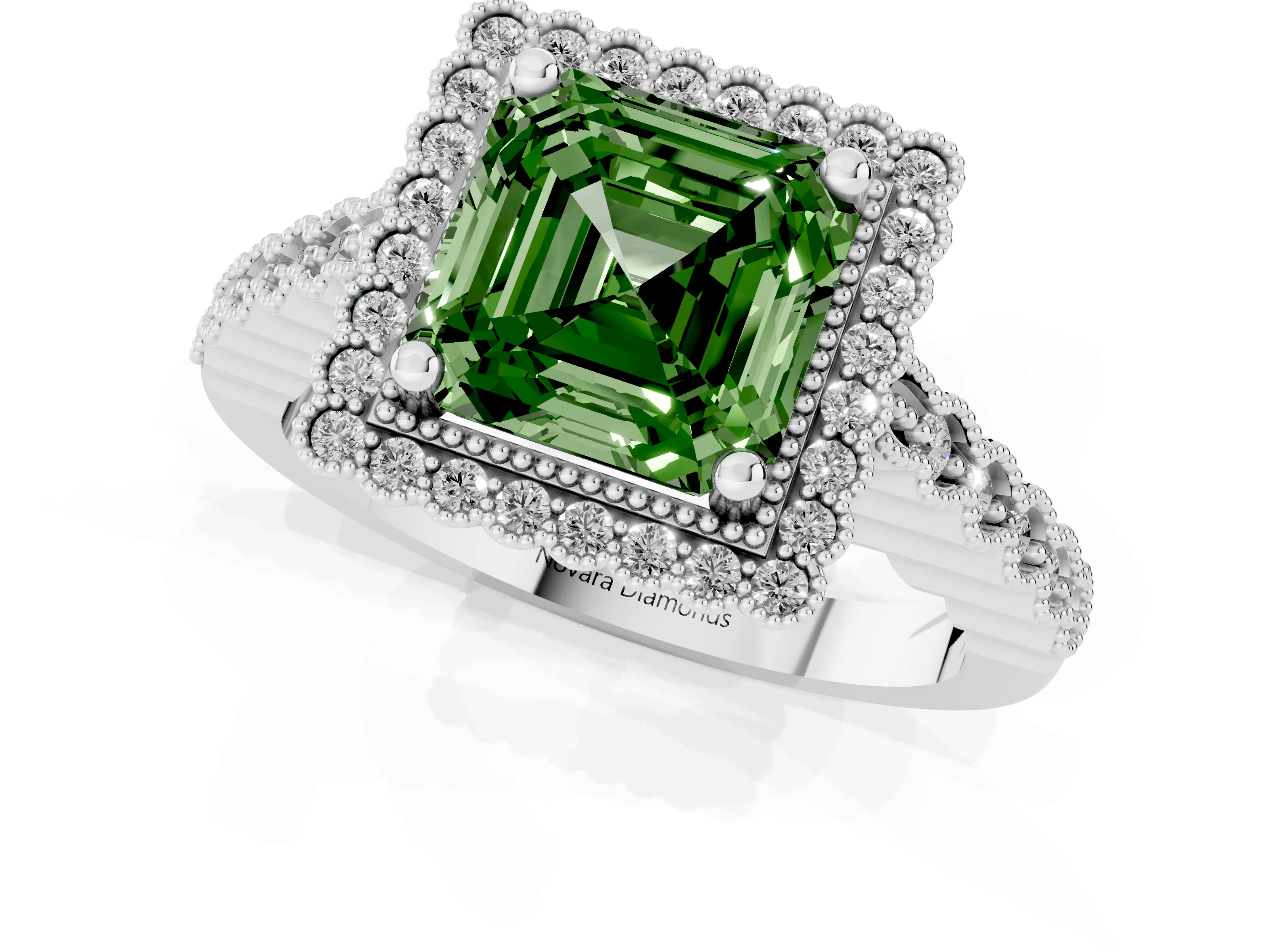 Fancy Green Asscher Cut Diamond Halo Ring Set in Platinum with Pavé Milgrain Band