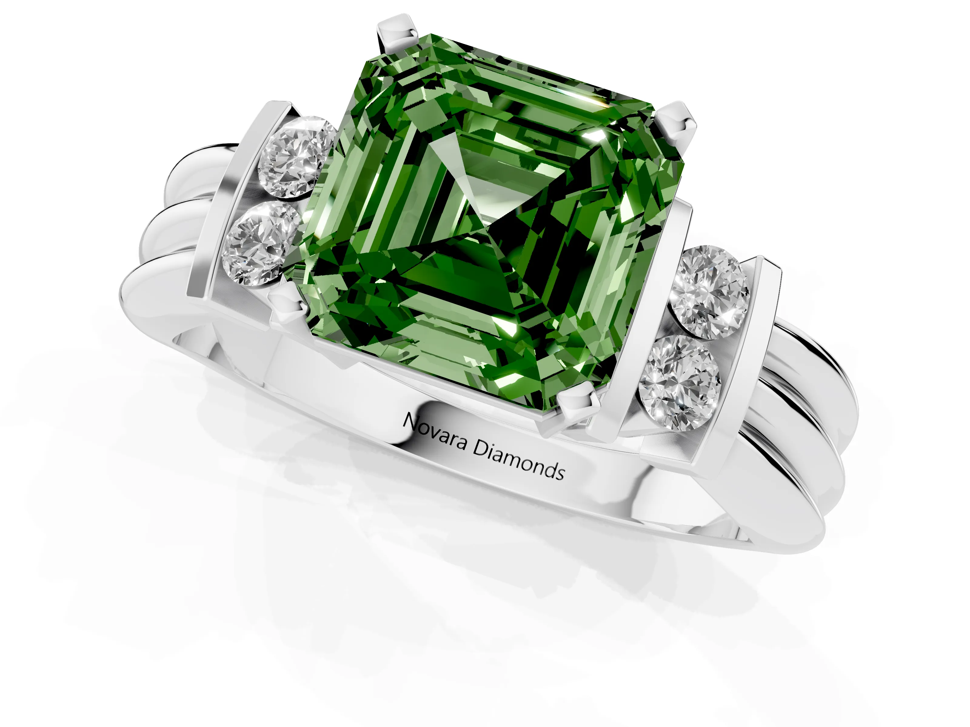Fancy Green Three-Stone Asscher Cut Diamond Channel Set Ring Set in Silver with Bar Prongs