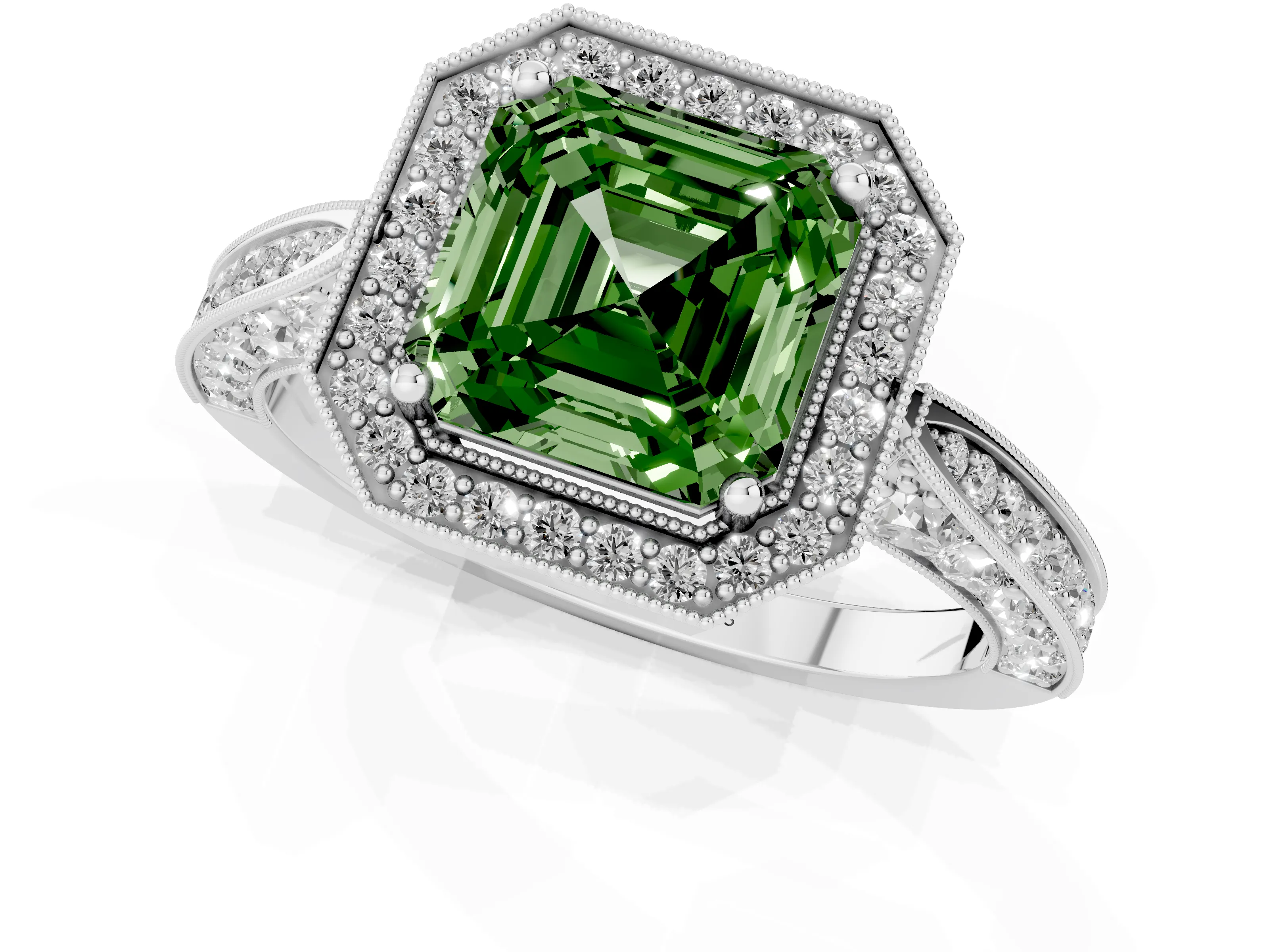 Fancy Green Asscher Cut Diamond Halo Engagement Ring Set in Silver with Accent Split Shank Band