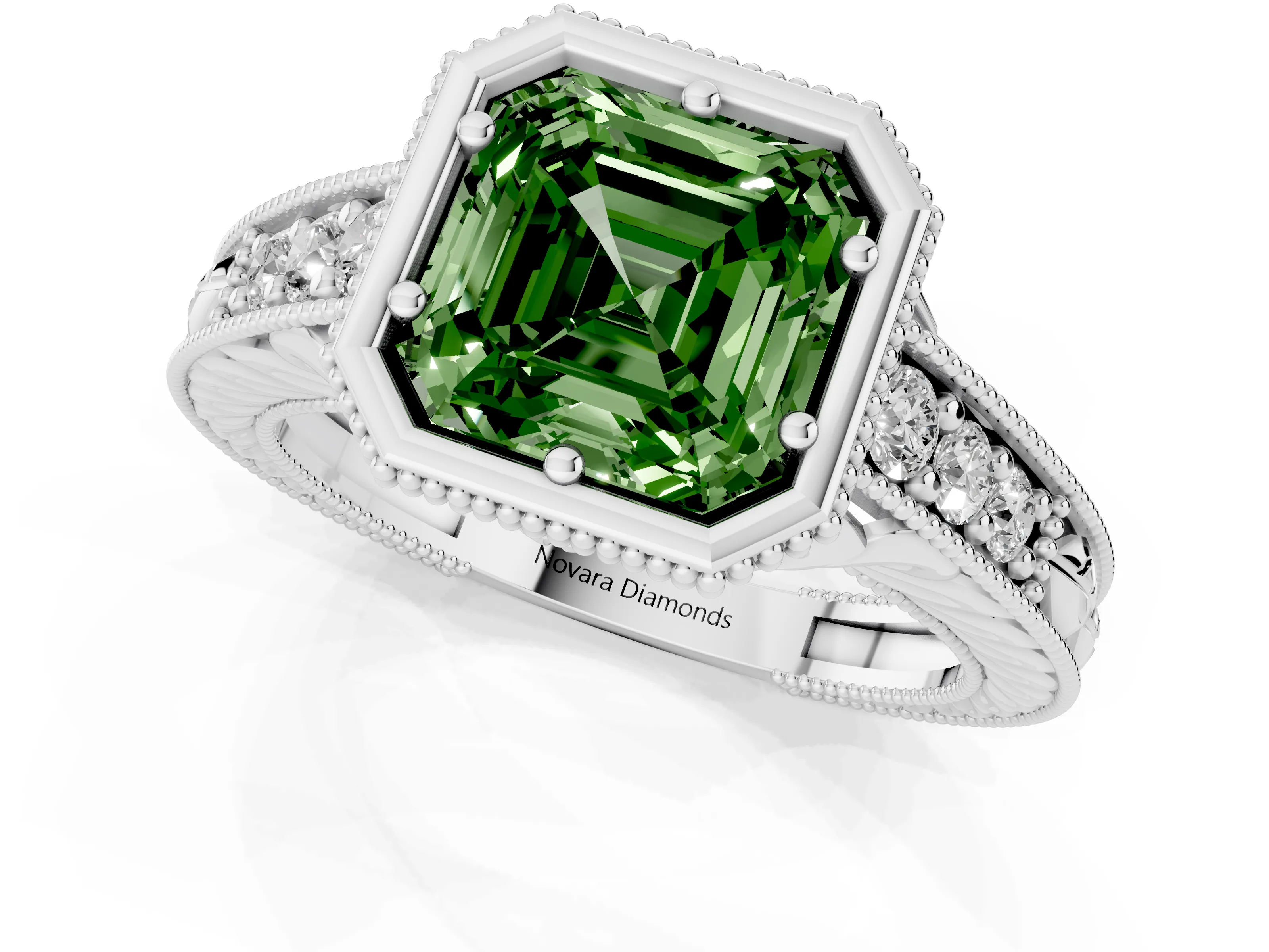 Fancy Green Bezel Set Asscher Cut Diamond Milgrain Pavé Engagement Ring Set in Silver