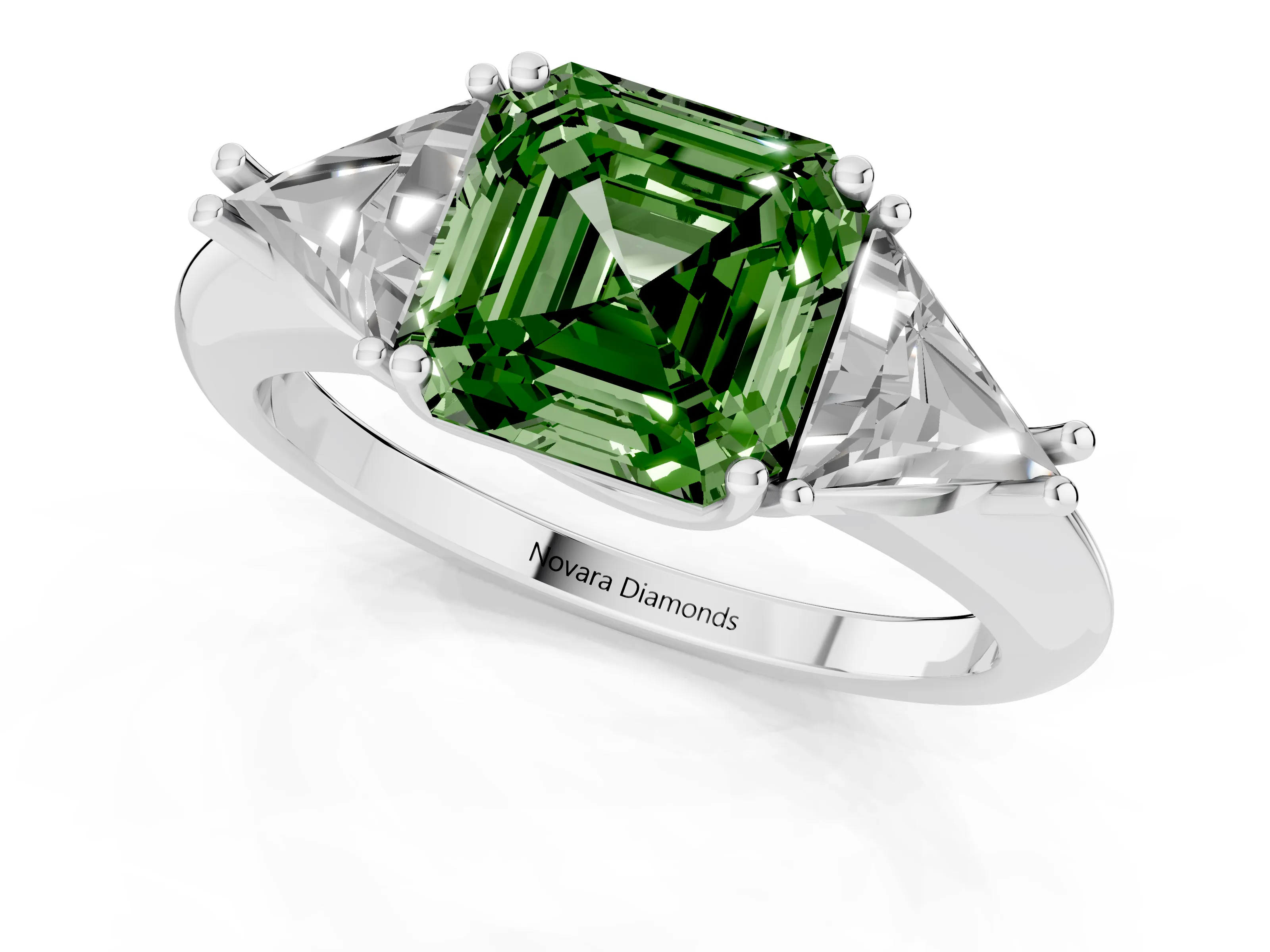 Fancy Green Asscher Cut Diamond Three-Stone Engagement Ring Set in Silver with Trillion Side Stones