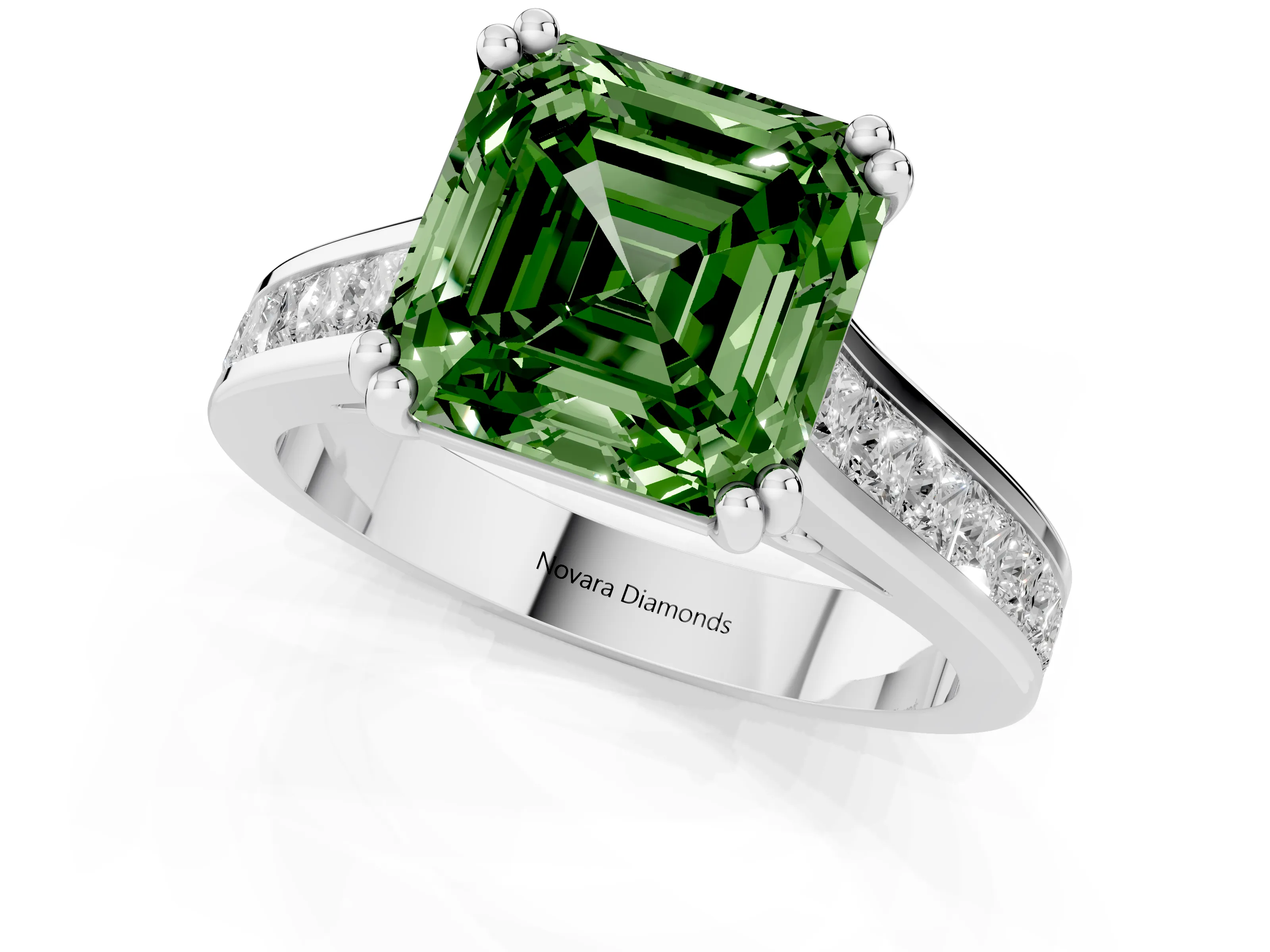 Fancy Green Asscher Cut Diamond Channel Set Solitaire Engagement Ring Set in White gold with Prong Setting