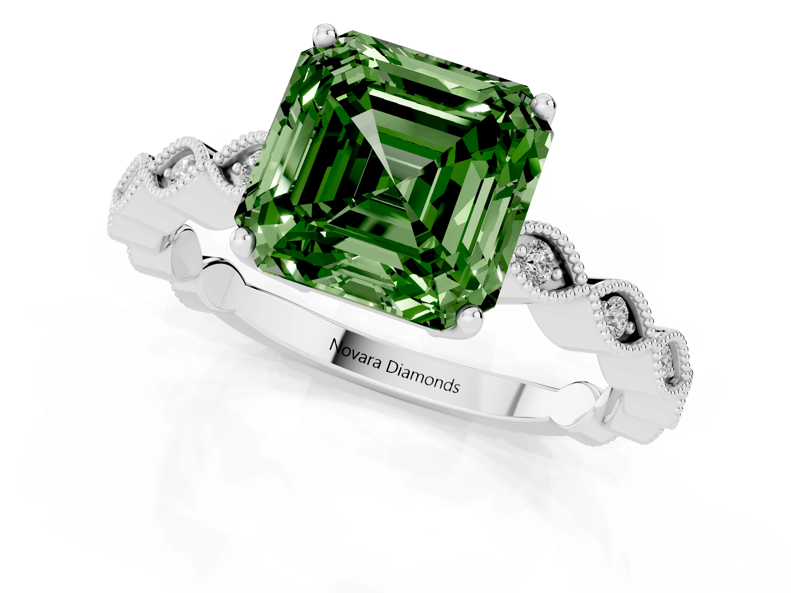 Fancy Green Asscher Cut Diamond Solitaire Ring Set in Silver with Infinity Twist Pavé Band