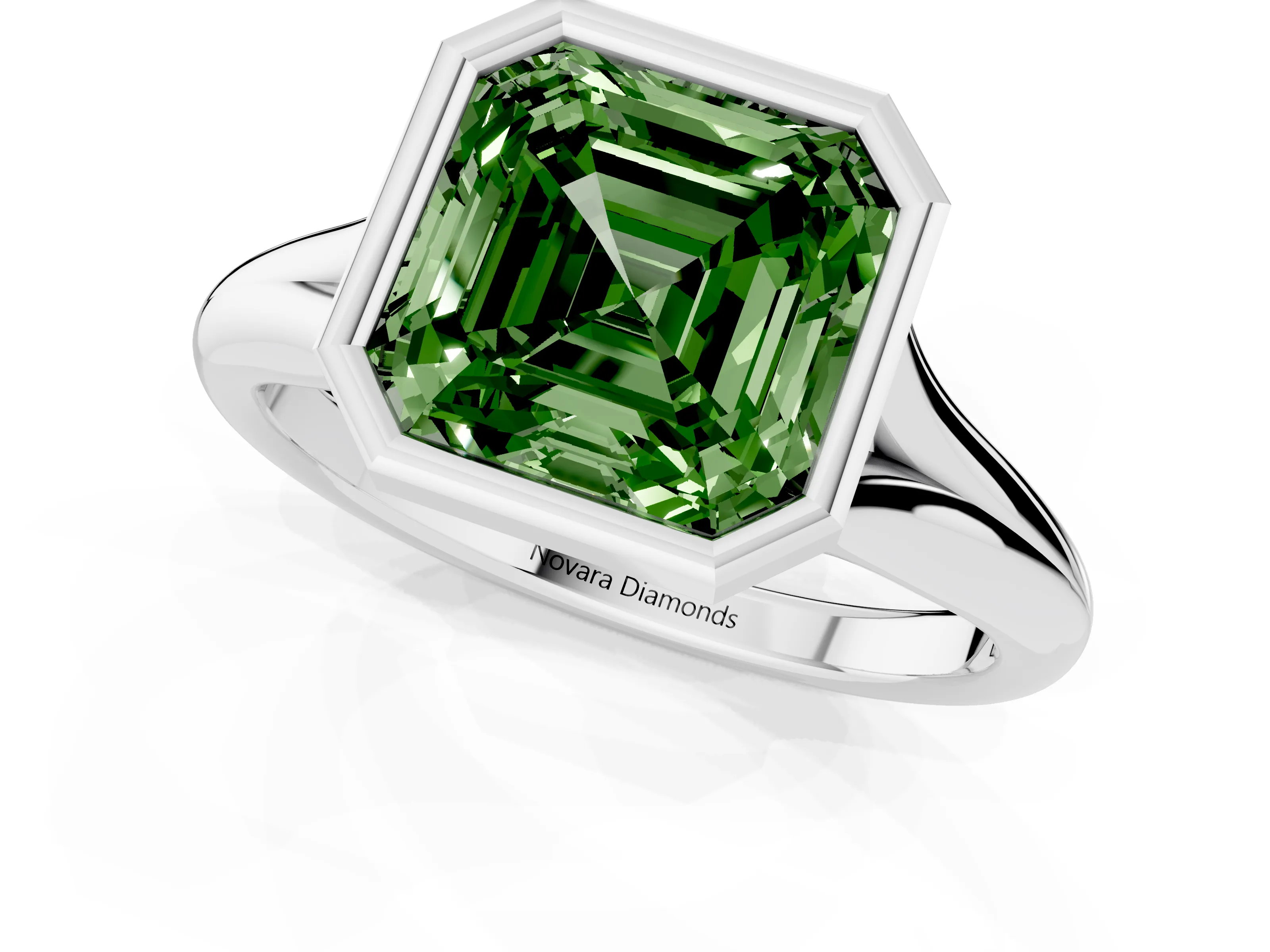 Fancy Green Bezel Set Asscher Cut Diamond Solitaire Ring Set in White gold with Smooth Band