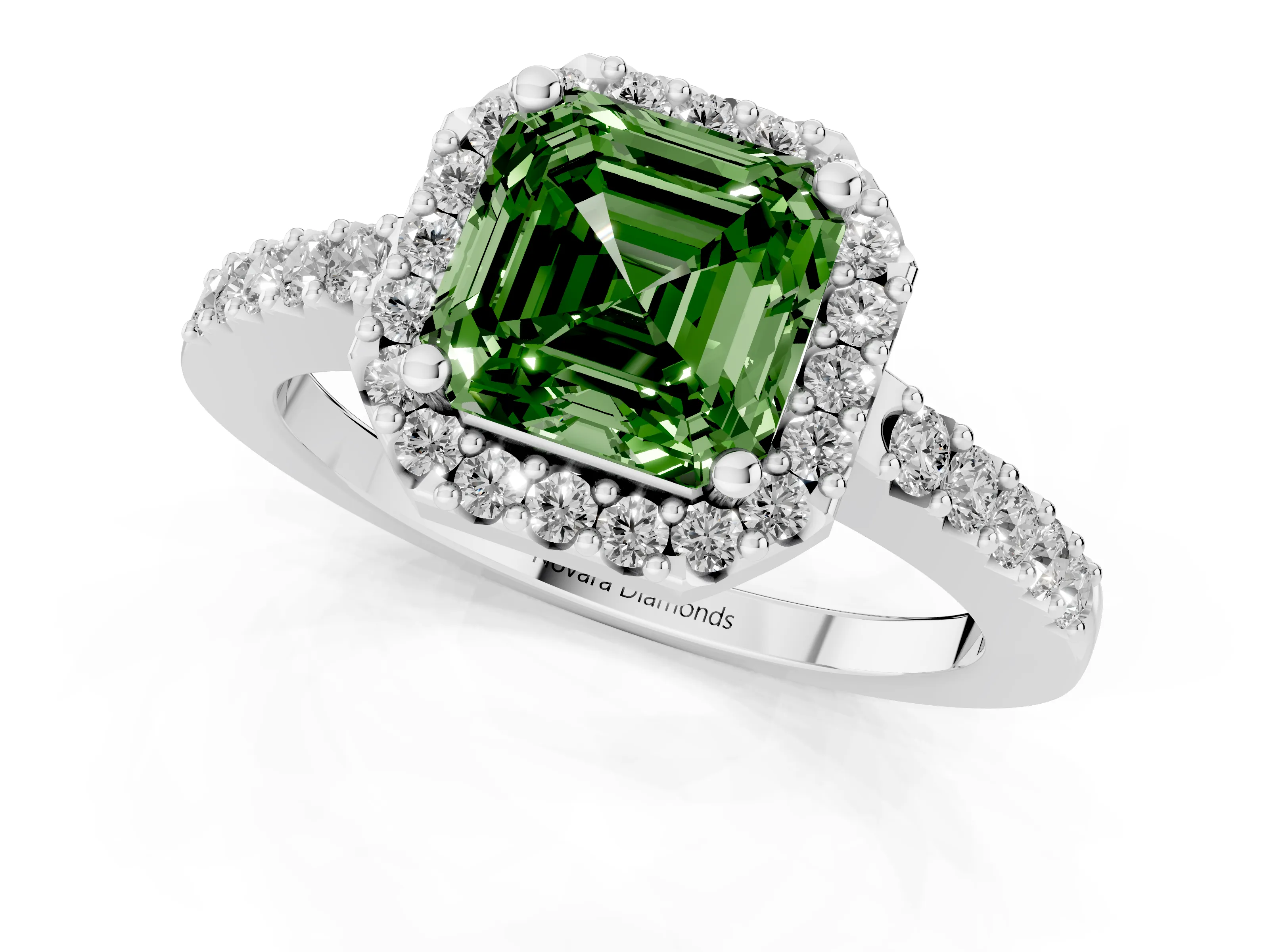 Fancy Green Asscher Cut Diamond Halo Pavé Solitaire Ring Set in White gold with Prong-Set Center Stone