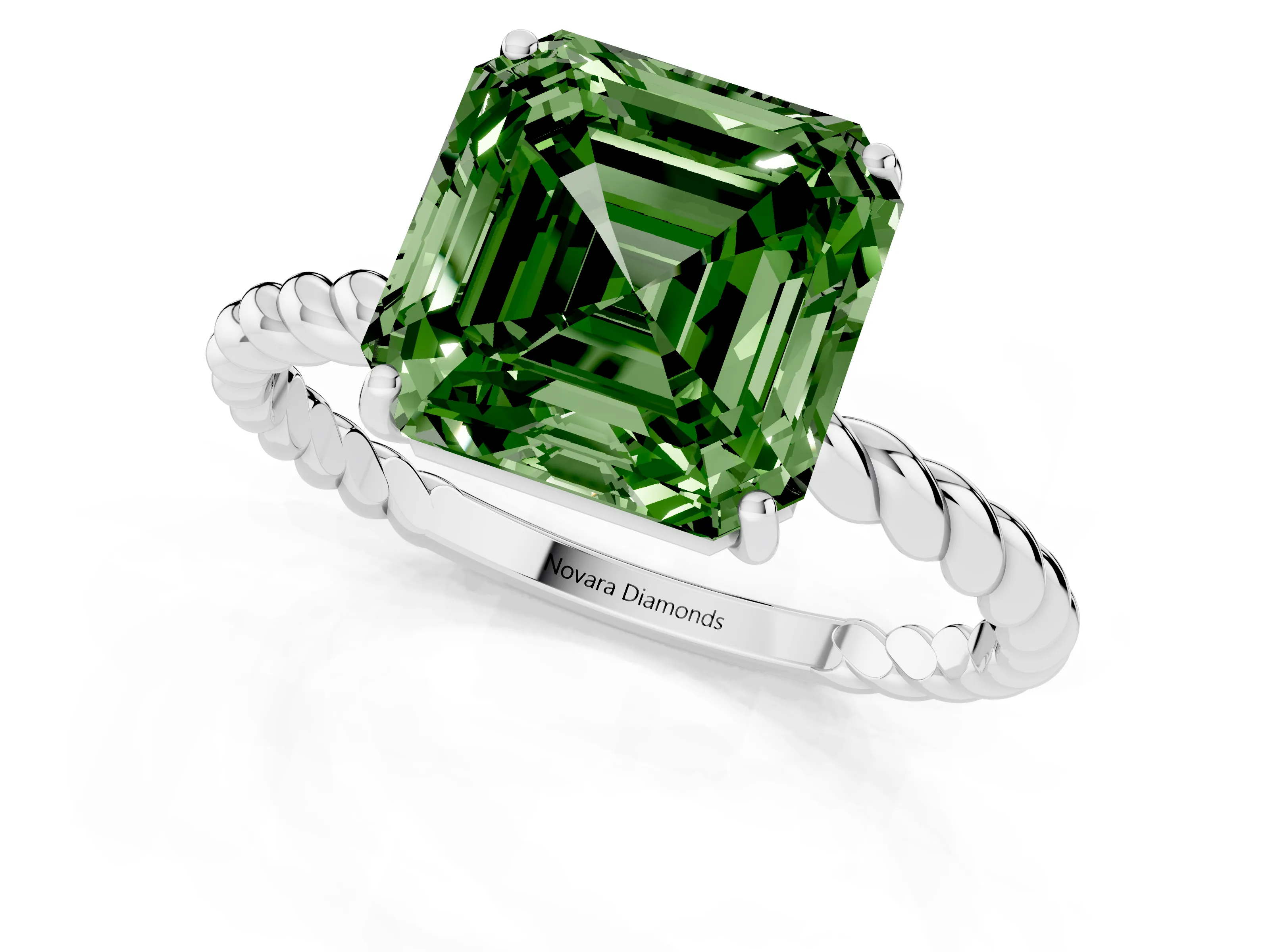 Fancy Green Asscher Cut Diamond Solitaire Ring Set in White gold with Twist Band and Prong Setting